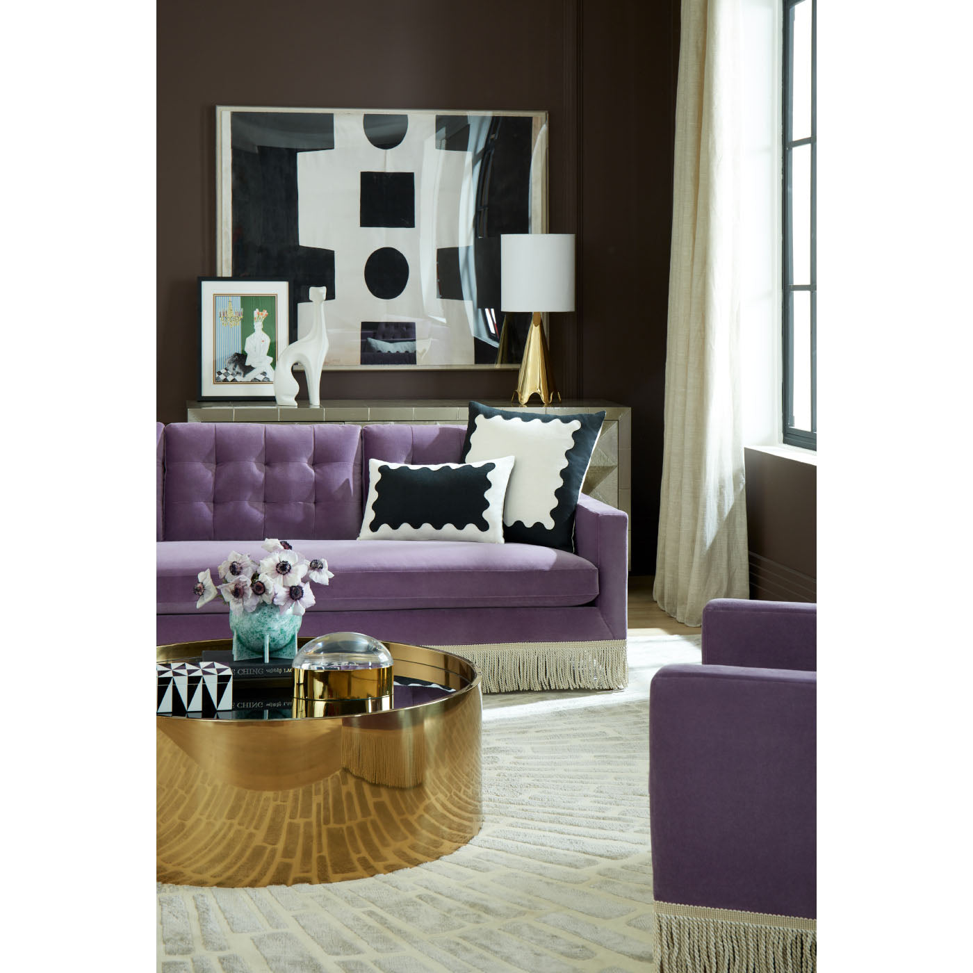 Wright Sofa with Bullion Fringe - Elegant Tufted Mid-Century Modern Couch for Living Room, Lounge & Home Decor