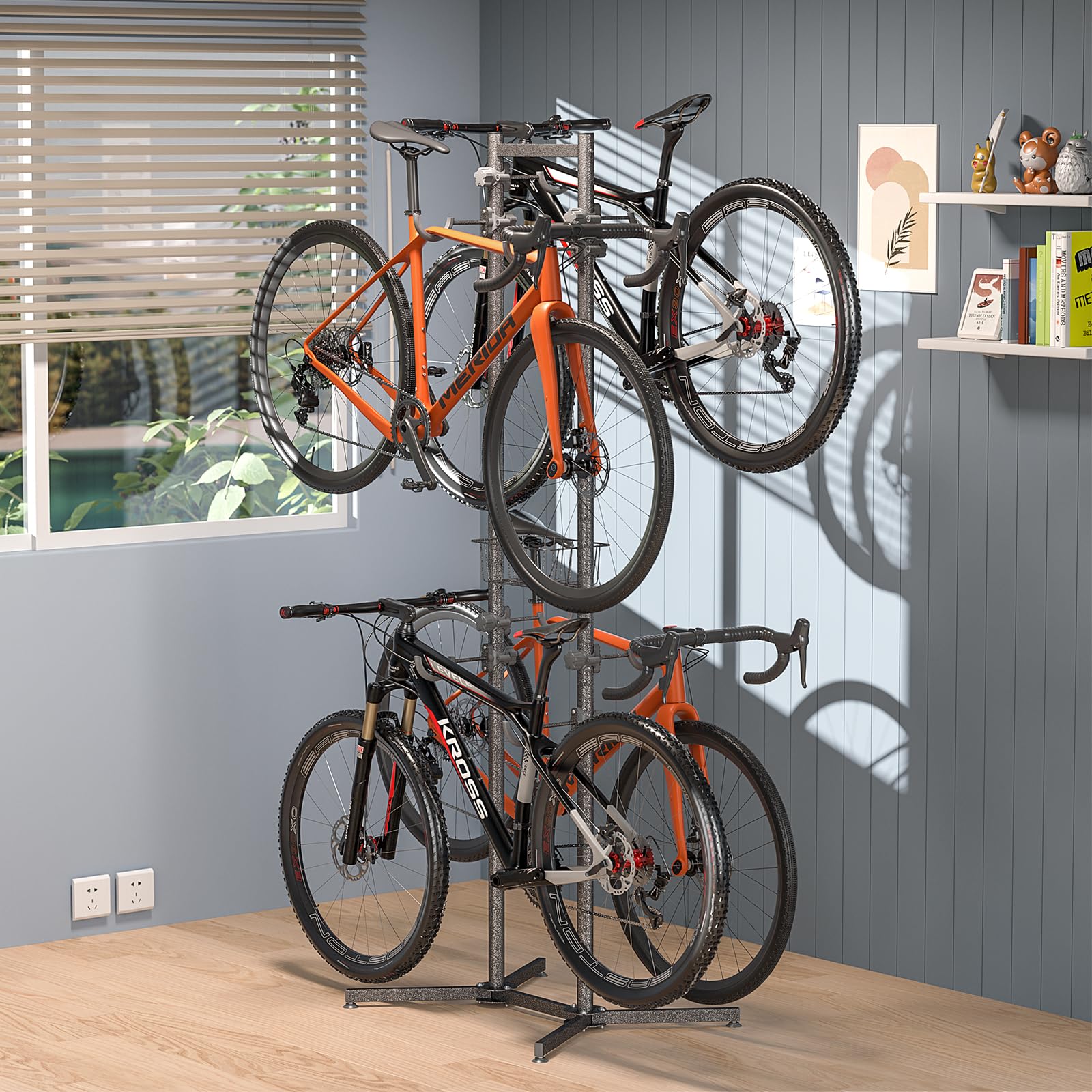 CXWXC 2/4 Bike Storage Rack with Basket - Space Saving Indoor Bike Stand for Garage, Apartment & Home - Holds Road, Mountain & Hybrid Bicycles - Perfect for Small Spaces & Organized Storage
