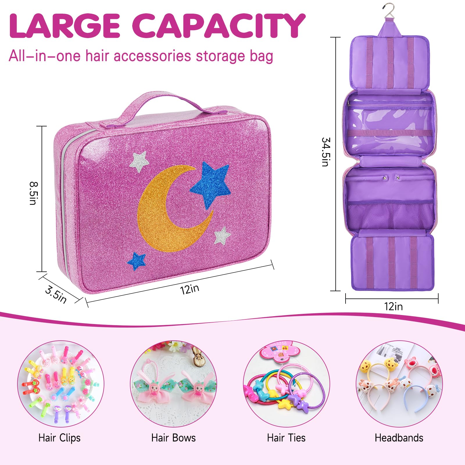 Shiny Bow Holder & Hair Accessories Organizer for Baby Girls - Travel Storage Bag for Hair Clips, Headbands, Scrunchies & Hair Ties (Purple) - Perfect for Home, Travel & School Organization
