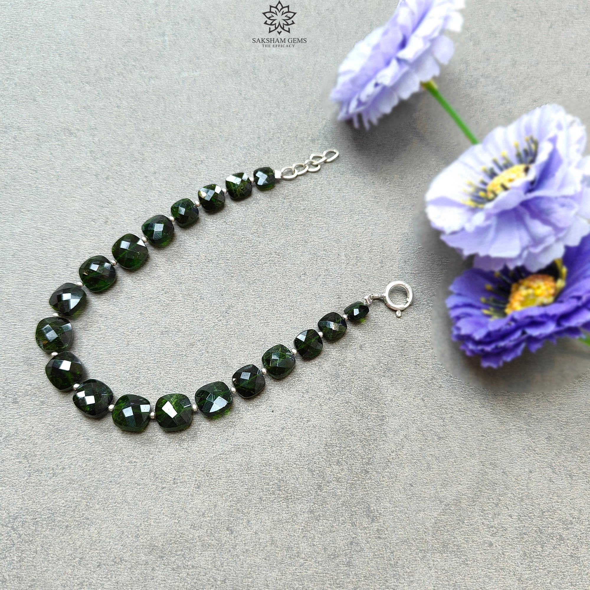 Chrome Diopside Gemstone Beads Bracelet - 8mm Green Checker Cut Beads with 925 Sterling Silver - 11.59gms Healing Crystal Jewelry for Meditation, Yoga & Spiritual Energy Balancing