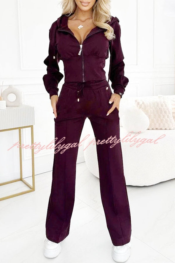 Solid Color Zip-Up Hooded Jacket & Elastic Waist Pocket Wide Leg Pants Set for Women | Casual Streetwear Outfit | Perfect for Workout, Running, and Daily Wear