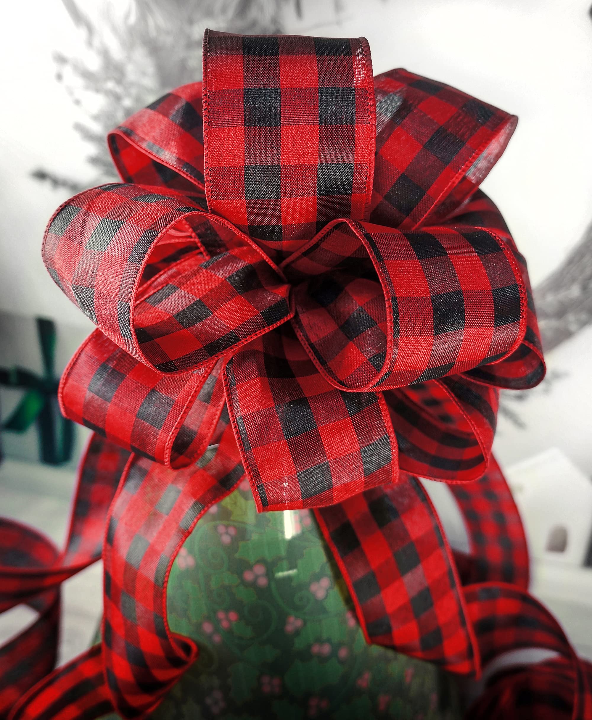 Red and Black Plaid Christmas Tree Topper Bow - 11 Inch Holiday Decoration with 4 Ribbon Streamers (3 Yards Each) for Elegant Home Decor | Perfect for Christmas Trees, Gift Wrapping & Festive Indoor Decorations