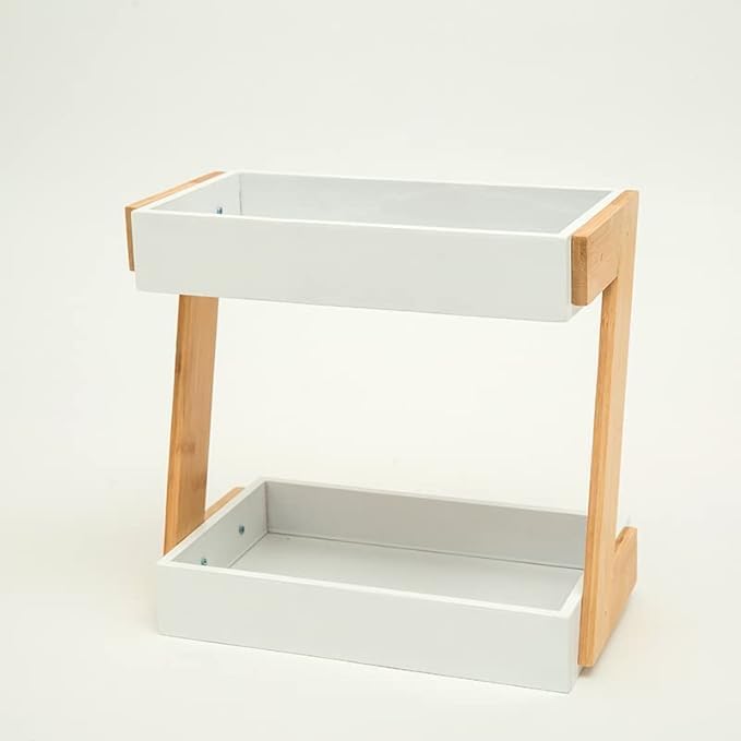 OXMIC 2-Tier White Wooden Kitchen Storage Rack - Spice Organizer, Countertop Oil Bottle Holder & Shelf for Pantry Organization | Perfect for Small Spaces, Apartment Kitchens & Countertop Decluttering