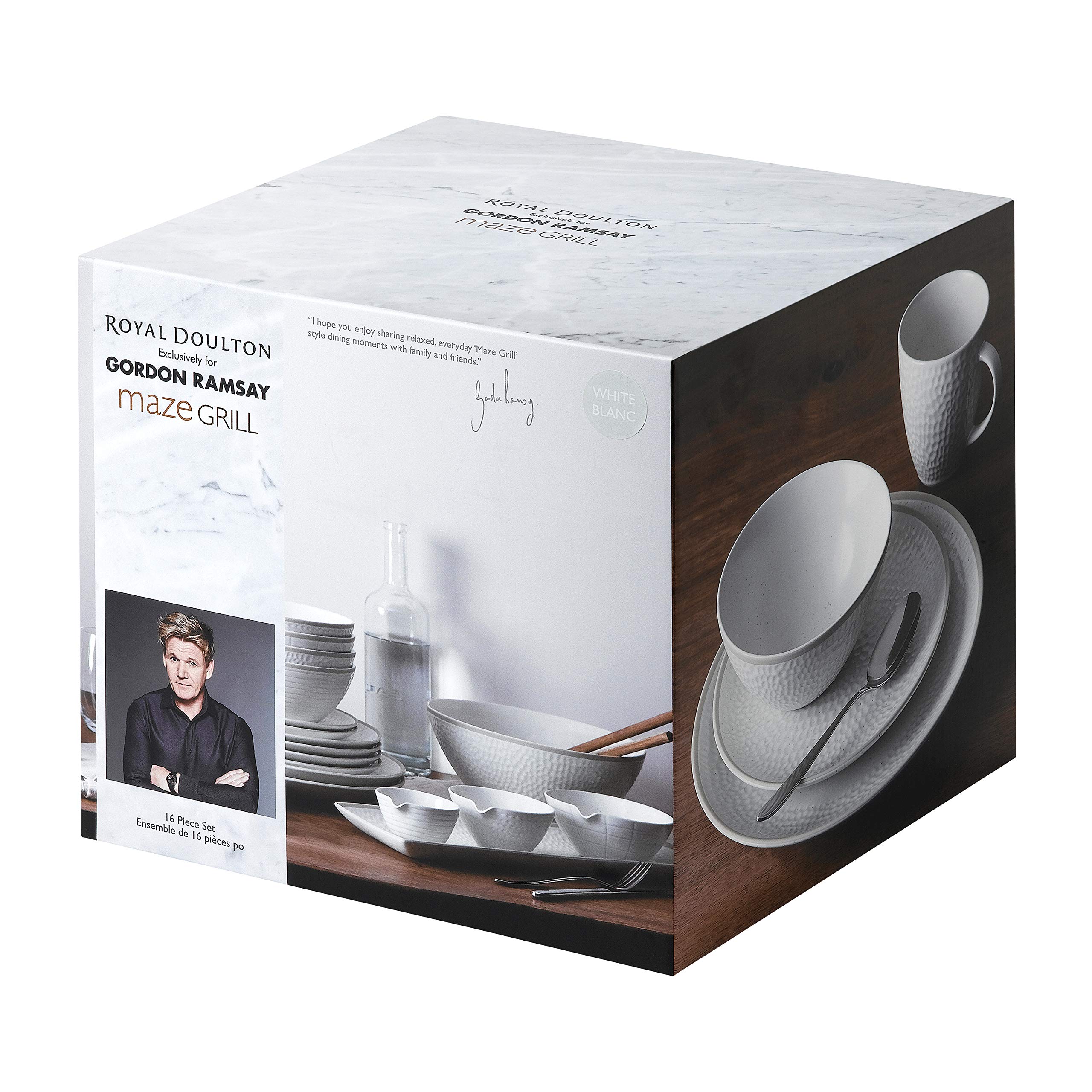 Gordon Ramsay Royal Doulton Maze Grill 16-Piece Dinnerware Set - White & Taupe Hammered Ceramic Plates & Bowls | Elegant Table Setting for Restaurants, Dinner Parties & Home Entertaining