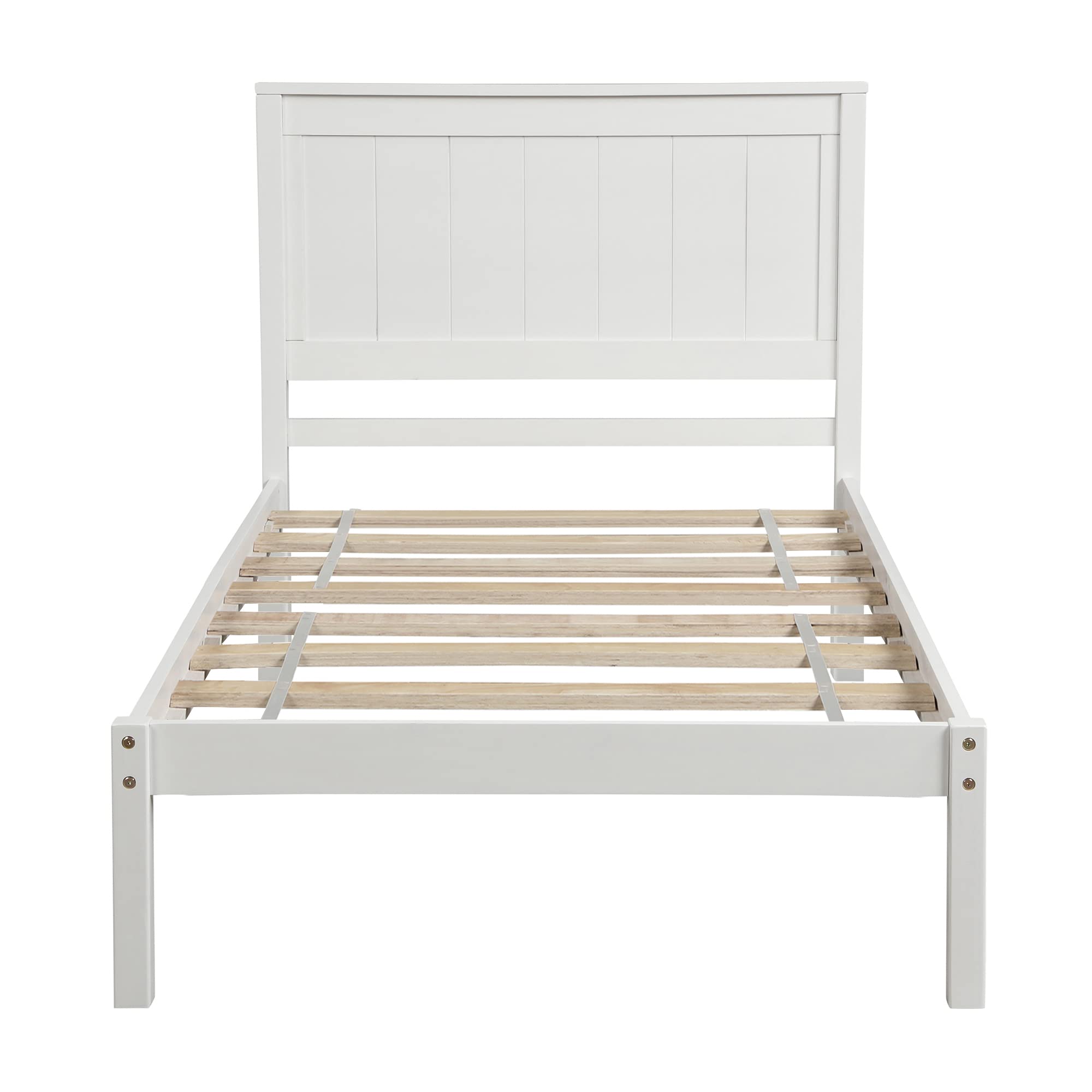 Twin Bed Frame with Headboard - Solid Wood Platform Bed, Sturdy Slat Support, Easy Assembly, No Box Spring Needed - Perfect for Kids Rooms, Guest Bedrooms & Small Spaces (White)