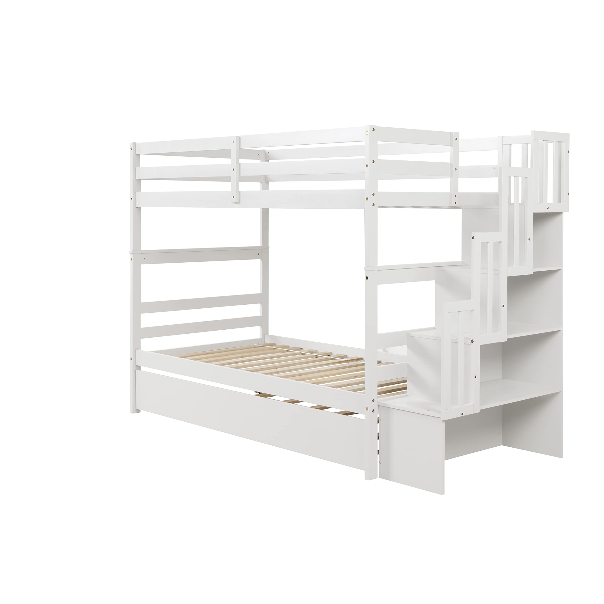 Harper & Bright Designs Twin Over Twin Bunk Bed with Stairs, Trundle and Storage - Solid Wood Convertible Bunk Bed Frame (White) - Perfect for Kids' Bedrooms, Guest Rooms and Space-Saving Solutions