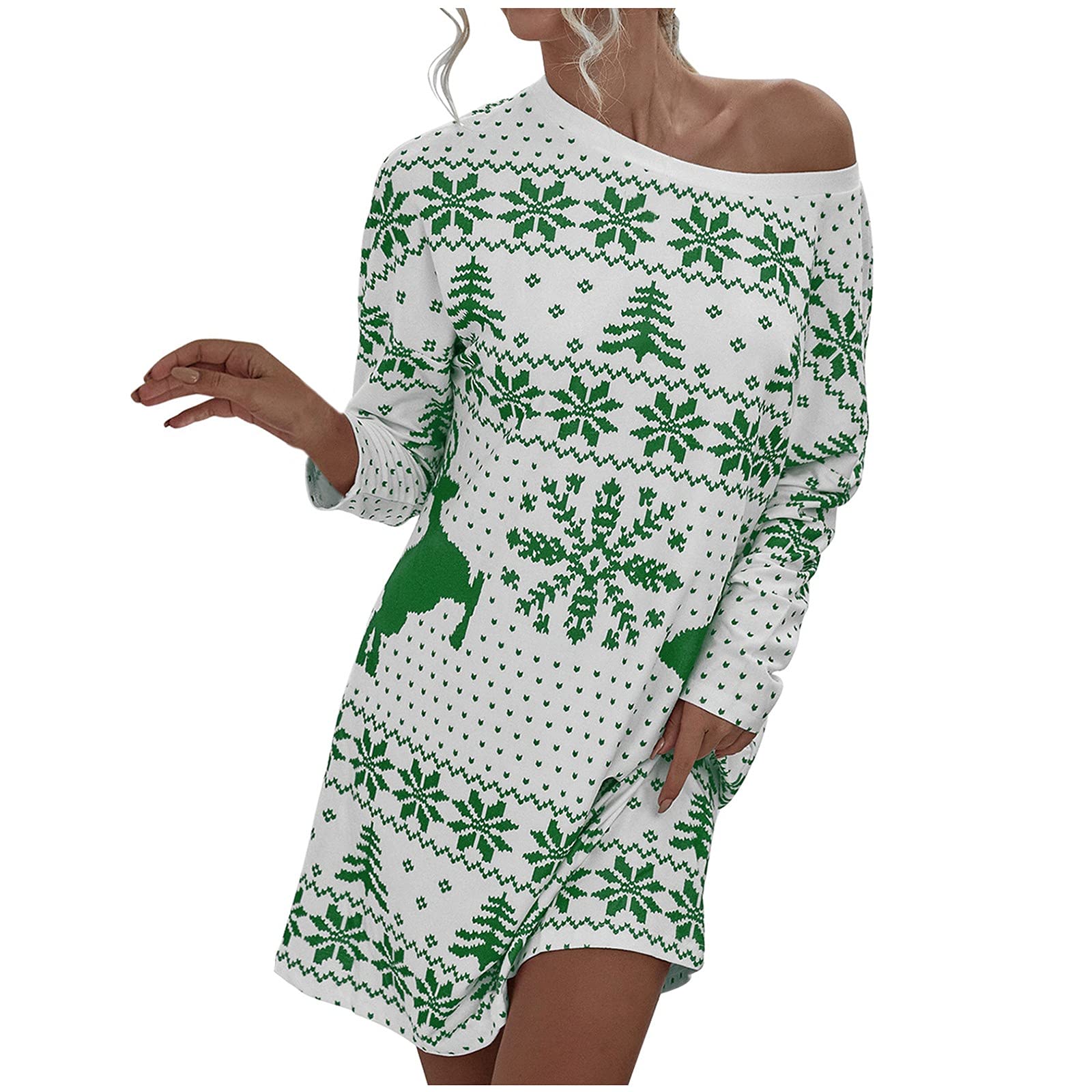 Women's Christmas Deer Snowflake Printed Round Neck Long Sleeve Ruffle Dress - Holiday Party Outfit for Xmas, Winter Gatherings & Festive Celebrations