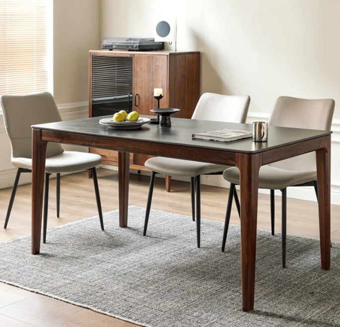 Premium Black Walnut Wood Dining Table with Natural Slate Stone Top - Elegant Farmhouse Style for Dining Room, Kitchen, or Rustic Home Decor