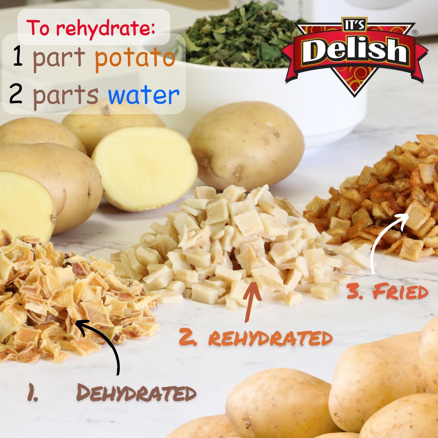 Premium Dehydrated Potato Dices - 20oz Bulk Dried Chopped Potatoes for Cooking | All-Natural Emergency Food Storage | Perfect for Soups, Stews, Baking & Camping Meals | Long Shelf Life Pantry Essential | Its Delish Brand in Reusable Container