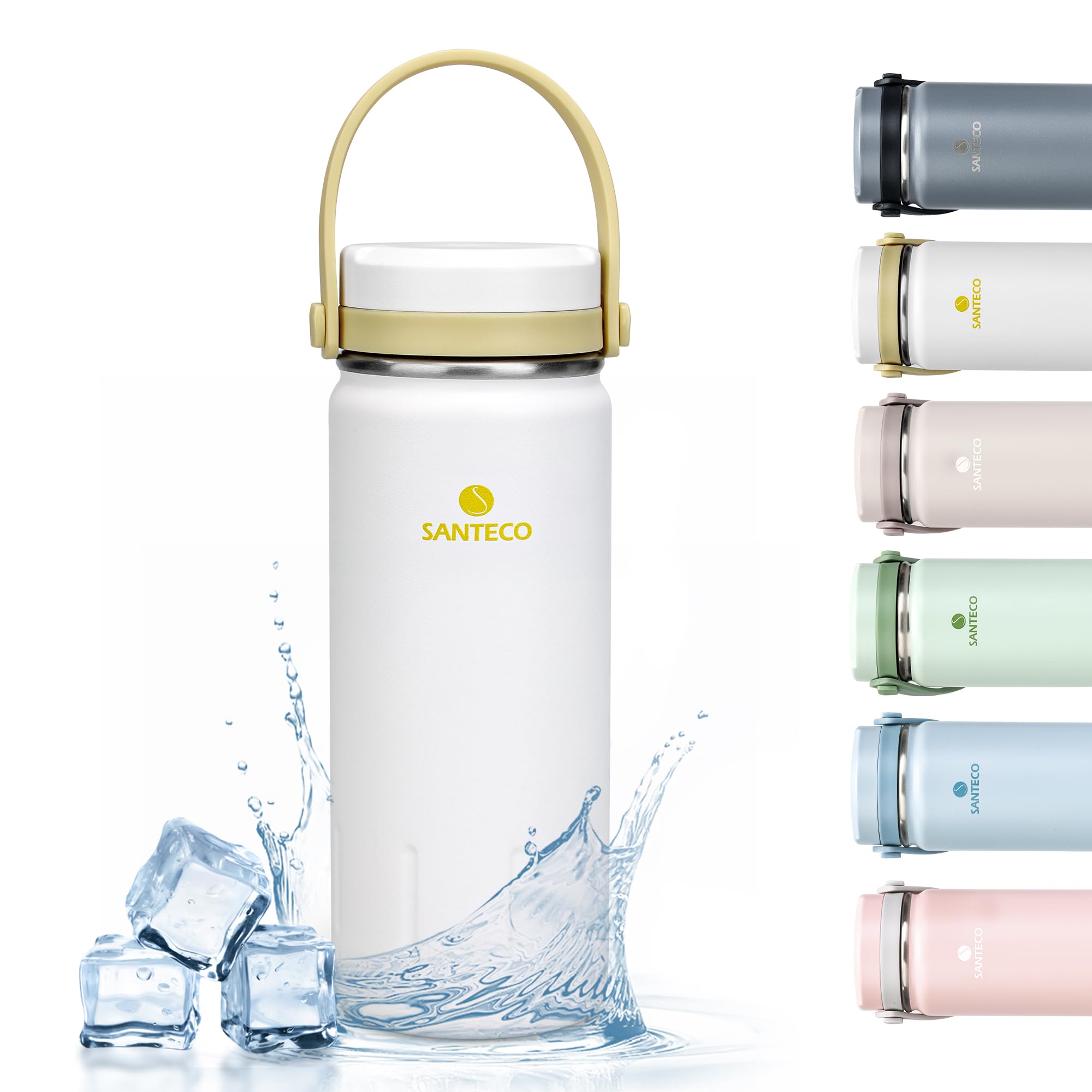 SANTECO 13oz Insulated Stainless Steel Water Bottle with Handle - Leak Proof Wide Mouth Double Wall Travel Mug for Hot & Cold Drinks - Perfect for Gym, Hiking, Camping, School & Office Use