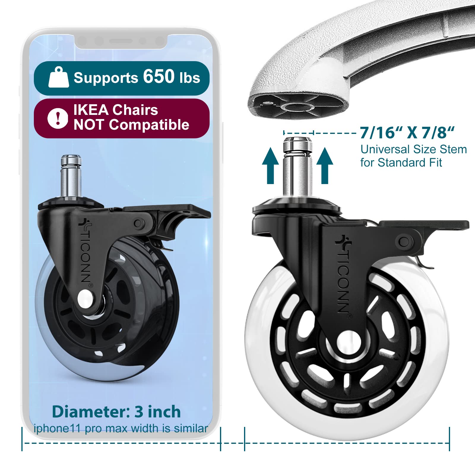 TICONN 5-Piece Office Chair Caster Wheels Set - Universal Fit for Most Chairs, Smooth Rolling on Tile, Hardwood Floors & Carpets (Transparent with Brake) - Perfect for Home Office, Gaming & Workspace Mobility