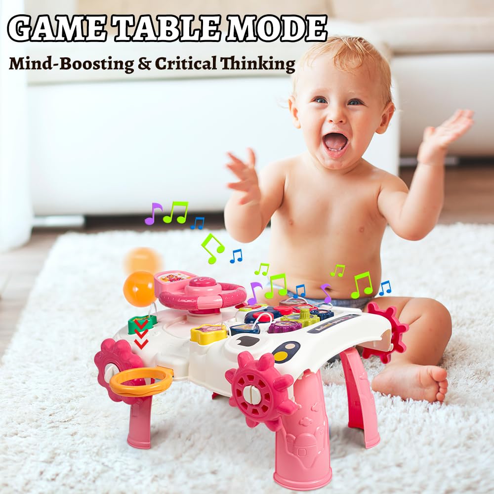 2 in 1 Baby Push Walker & Activity Toy - Adjustable Learning Walker with Wheels, Lights & Music for 6-18 Month Old Boys & Girls - Perfect for First Steps & Early Development at Home
