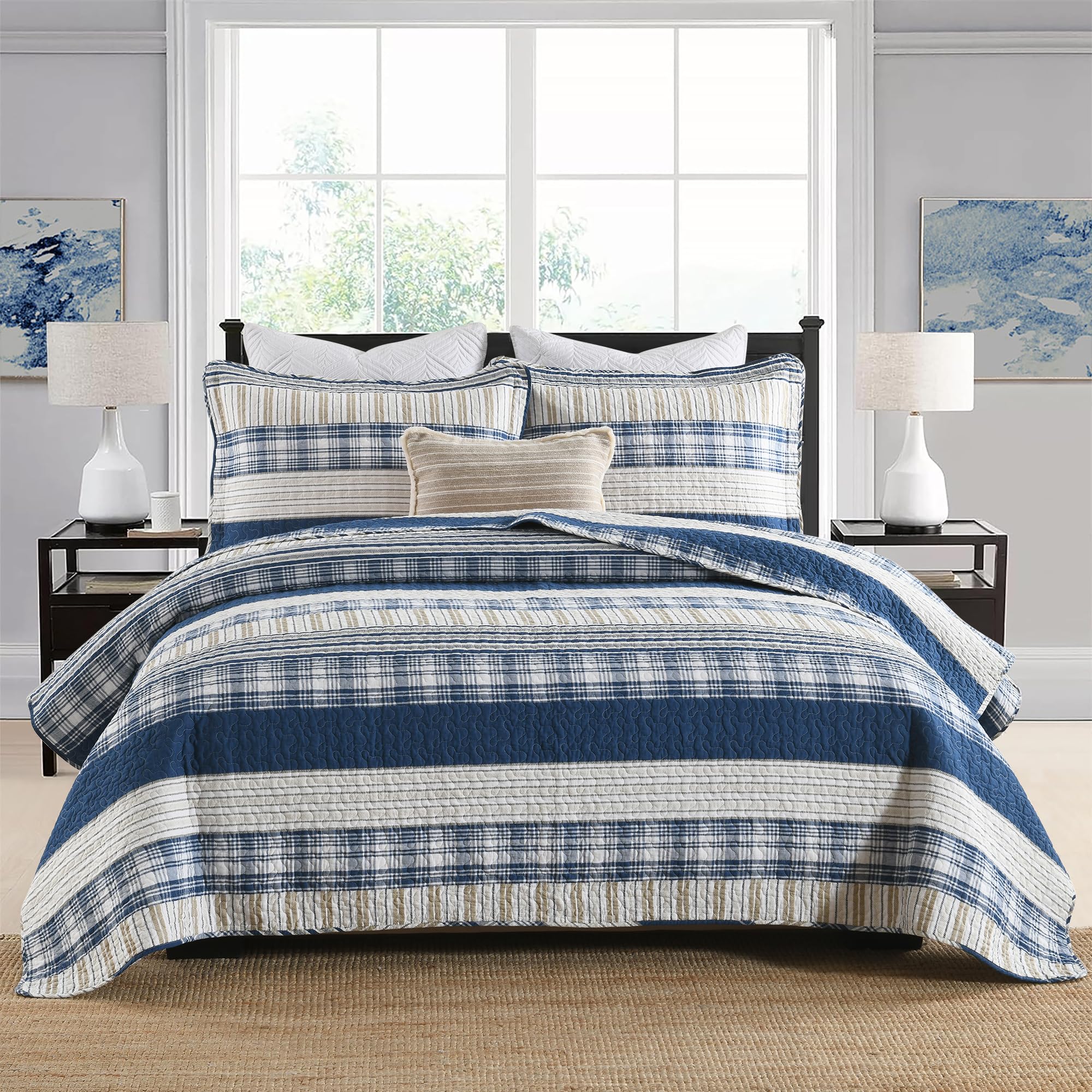 Homzard Queen Size Comforter Set - Blue White Tan Striped Quilt, Plaid Farmhouse Bedspread, Lightweight All-Season Bedding (3-Piece) | Perfect for Cozy Farmhouse & Modern Bedroom Decor