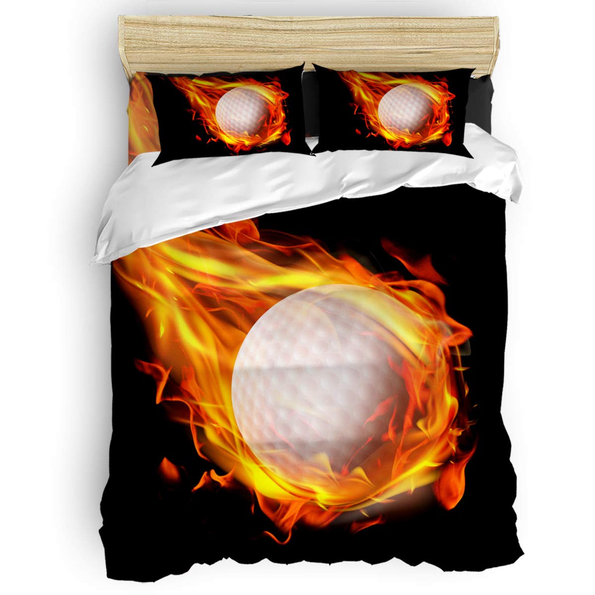 4 Piece Lightweight Microfiber Bedding Set - Full Size Duvet Cover Set with 1 Comforter Cover, 1 Bed Sheet & 2 Pillowcases for Men & Women | Flame Golf Pattern | Soft, Breathable & Machine Washable | Perfect for Home, Dorm, Guest Room & Hotel Use