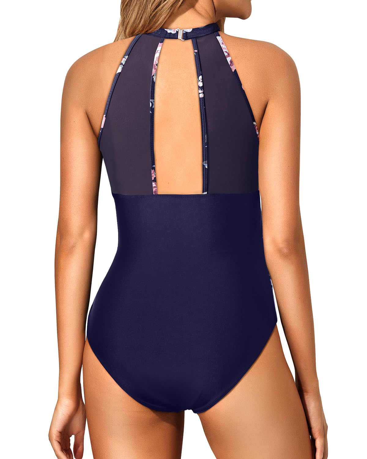 Holipick Women's Navy Blue Floral One Piece Swimsuit - High Neck Tummy Control Bathing Suit with Halter Neck & Mesh Design for Beach, Pool & Vacation Swimwear