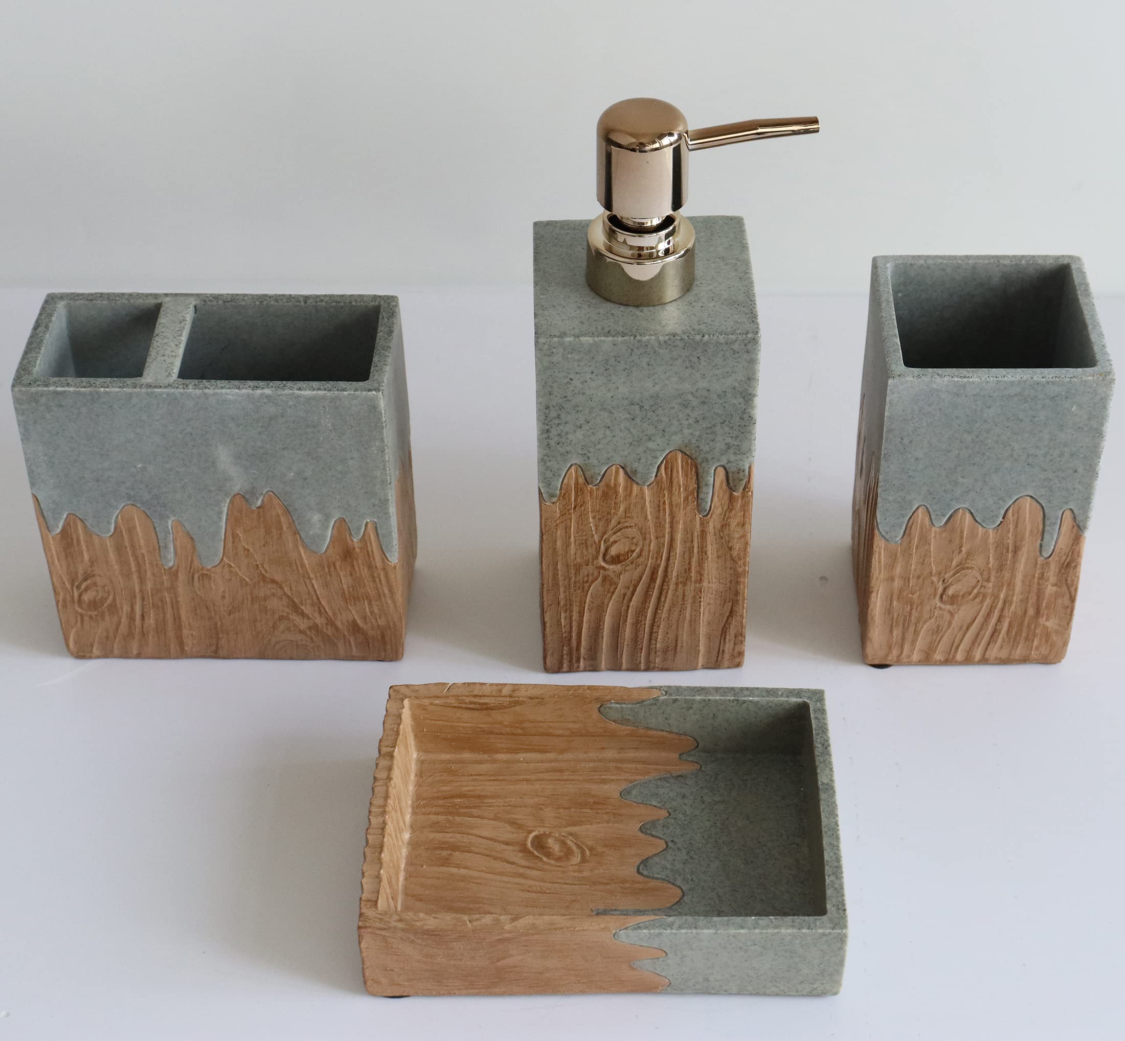 Hymmah Wooden Bathroom Accessories Set - 4 Piece Farmhouse Decor with Toothbrush Holder, Soap Dispenser, Soap Dish & Tumbler | Rustic Apartment Essentials for Modern Bathroom Organization