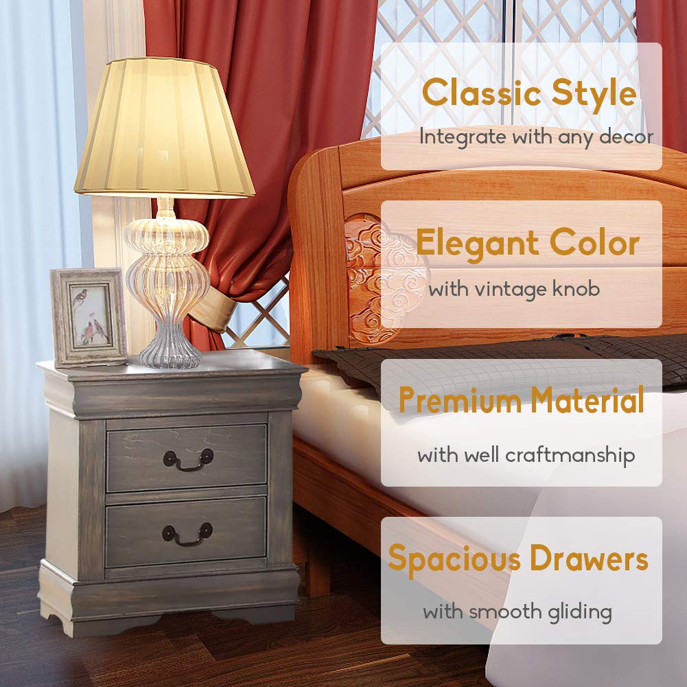 Modern 2-Drawer Nightstand with Handles - Solid Wood Bedside Table for Bedroom, Living Room & Dorm - No Assembly Needed - Grey Antique Finish | Perfect for Small Spaces, Guest Rooms & Apartment Decor