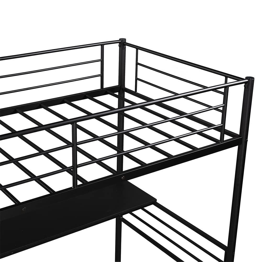 Twin Size Metal Loft Bed Frame with Stairway & Guardrails - Space-Saving Bedroom Furniture with Under-Bed Workstation & Full-Length Desk for Small Apartments, Dorm Rooms & Guest Rooms