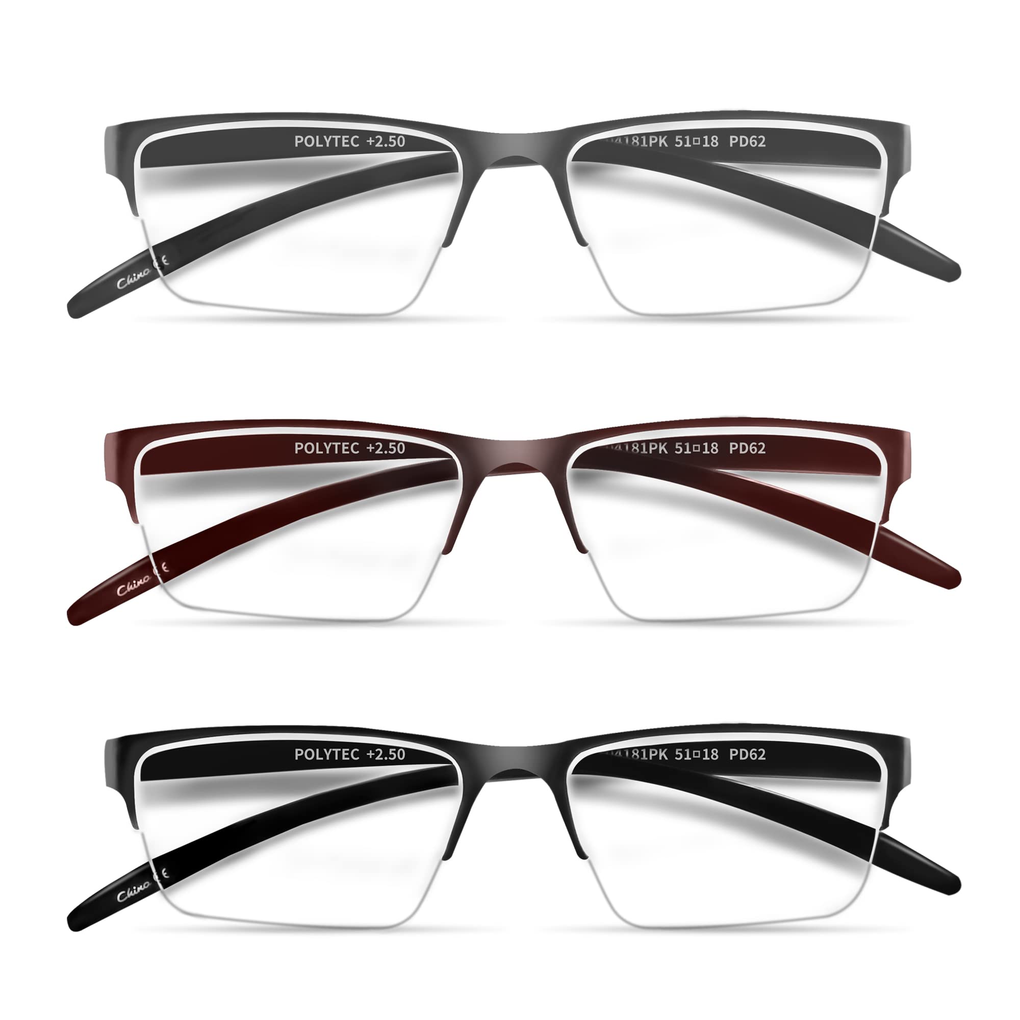 EYESPEX 3 Pack Half Rim Reading Glasses - Unisex Fashion Readers with Anti-Scratch Coating for Computer Use, Reading & Office Work - Lightweight & Stylish Eyewear for Men & Women