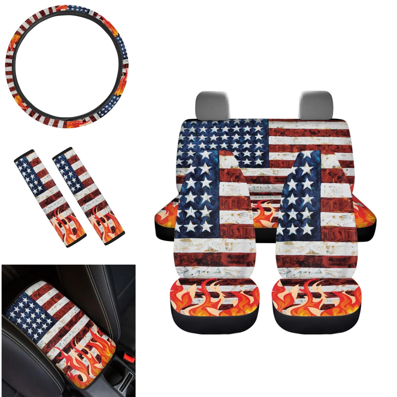 American Flag Flame Print Car Seat Covers Full Set - Front & Rear Seats with Steering Wheel Cover & Center Console Protector for SUVs, Trucks, Vans | Durable, Universal Fit for Most Vehicles | Perfect for Road Trips, Camping & Patriotic Decor