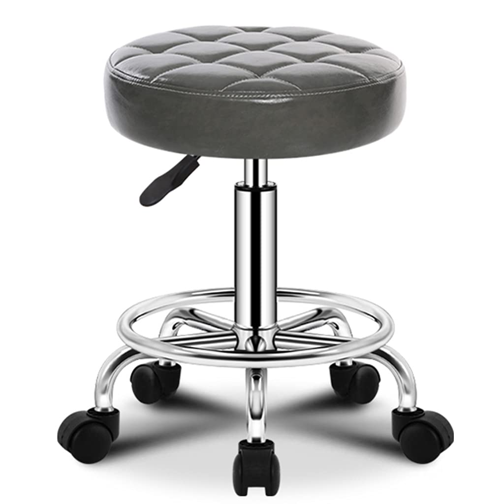 Premium PU Leather Round Rolling Stool with Wheels - Adjustable Swivel Massage Salon Stool with Wider Seat & Footrest - Ergonomic Office Chair, Drafting Stool & Hairdressing Stool for Salon, Spa, Home Office & Beauty Shop (Grey)