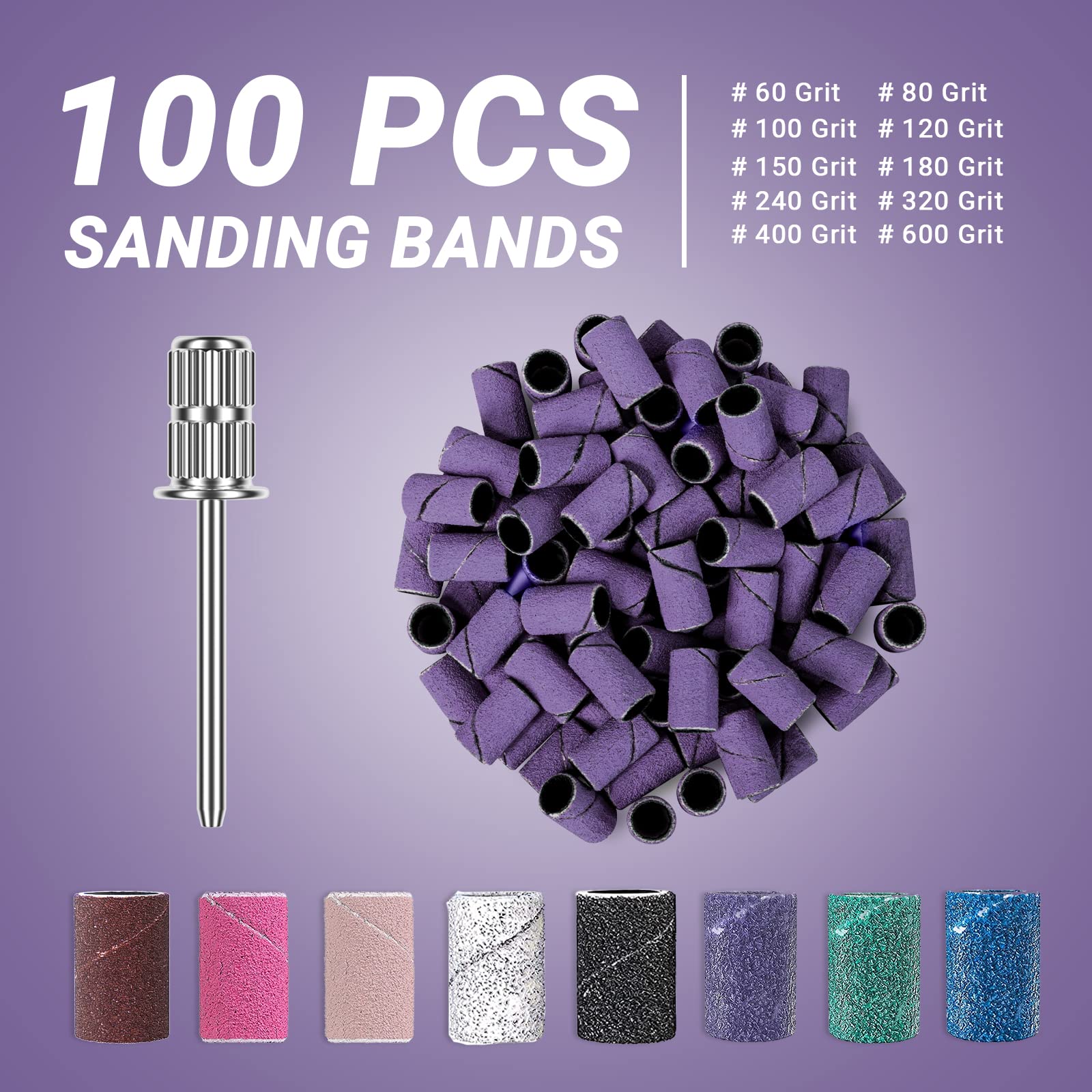MelodySusie 100 Pcs Nail Drill Bits Sanding Bands - 180 Fine Grit Nail File for Acrylic Nails, Gel Manicures & Pedicures | Professional Salon & Home Nail Care Kit