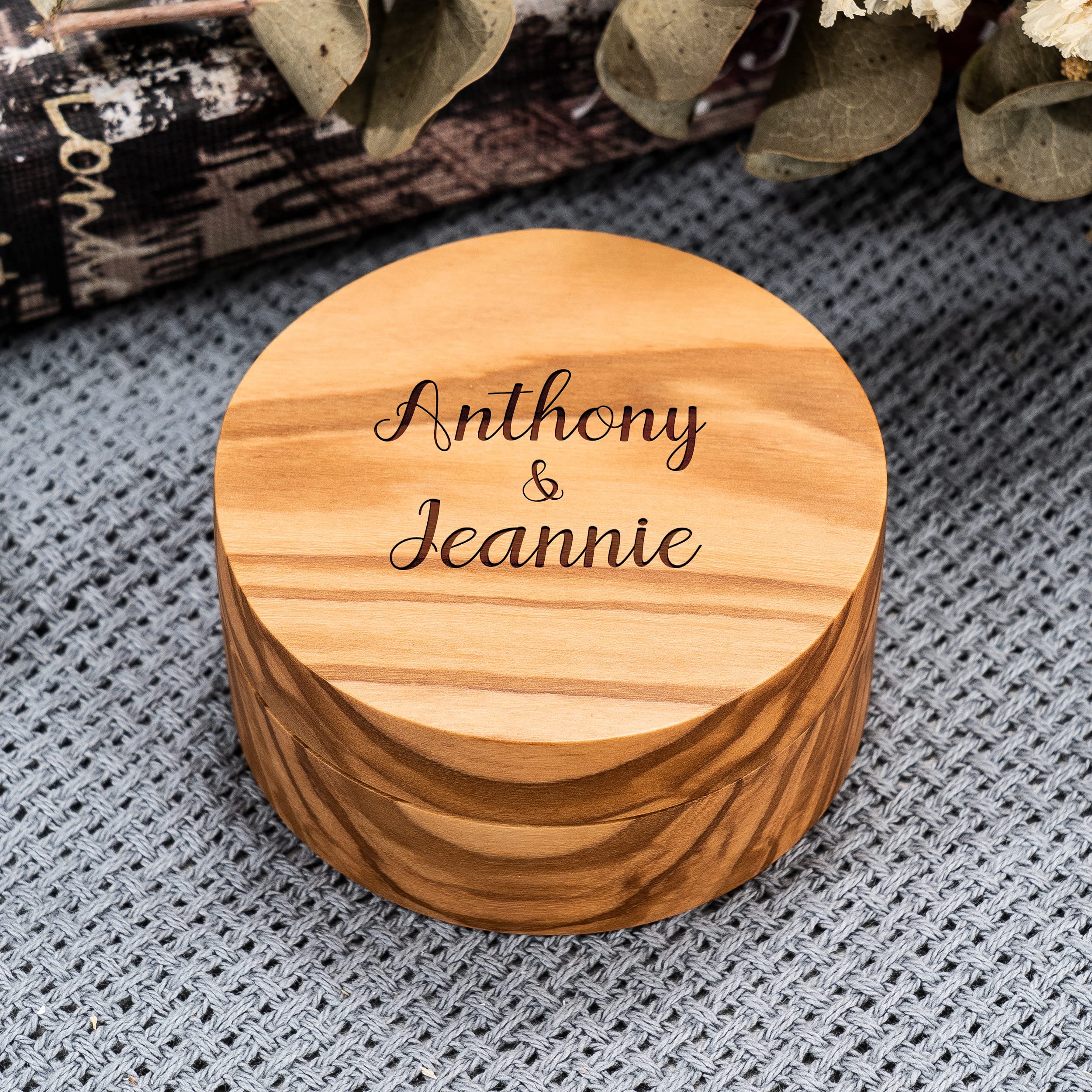 KWOOD Custom Engraved Wooden Ring Box - Personalized Round Jewelry Gift Box for Wedding Proposal, Engagement & Anniversary - Perfect for Romantic Surprises & Keepsake Storage