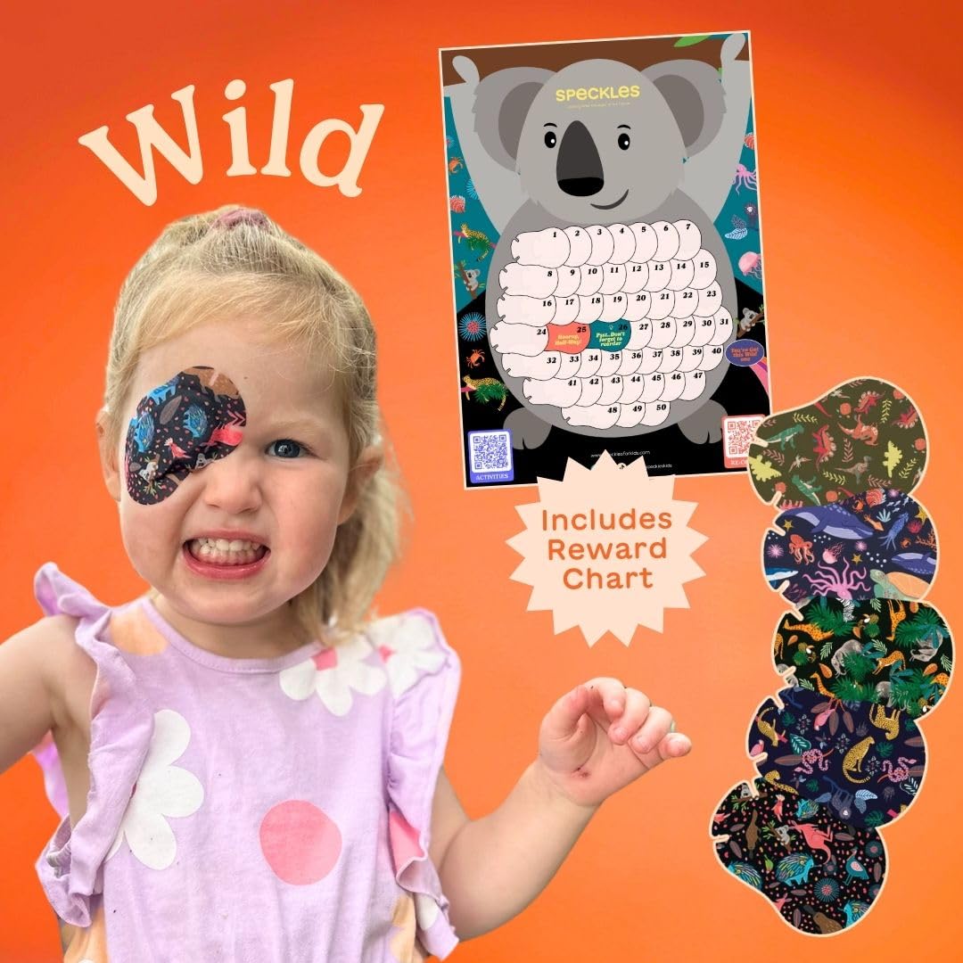 HIDE&SEE Speckles Kids Eye Patches (Wild Pack) - 50 Pack Hypoallergenic Amblyopia Treatment Patches for Boys & Girls - Fun & Comfortable Eye Patch with Reward Chart - Perfect for Lazy Eye Therapy, Vision Correction, and Kids' Eye Exercises at Home or School