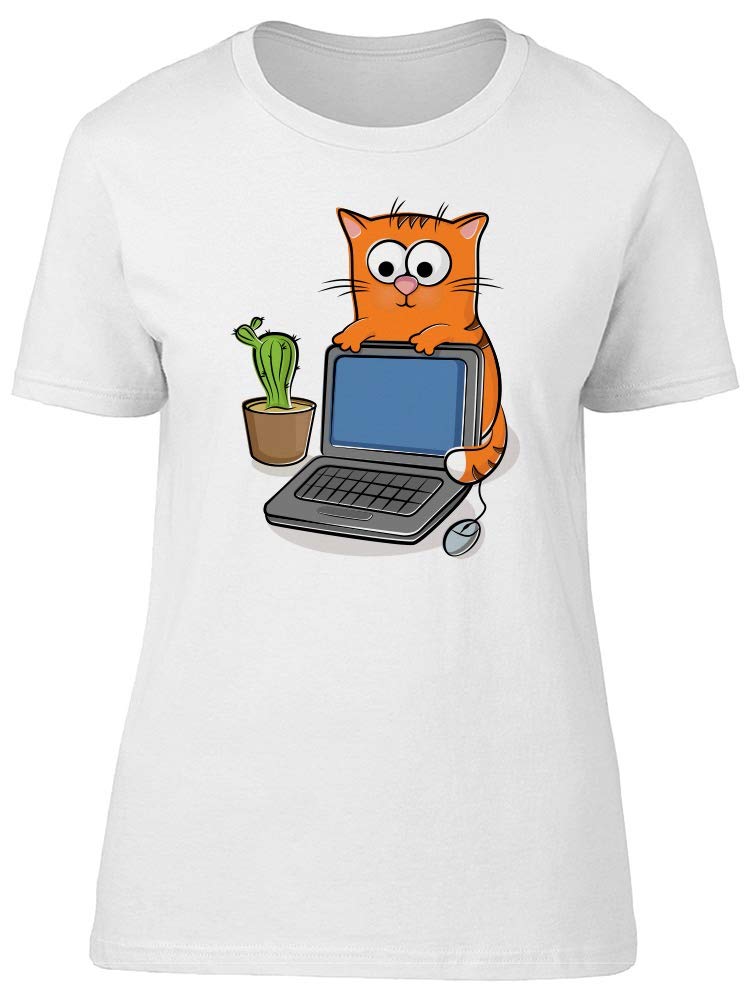 Stylish Red Cat and Laptop Graphic T-Shirt for Men - Casual Wear & Gamer Outfit