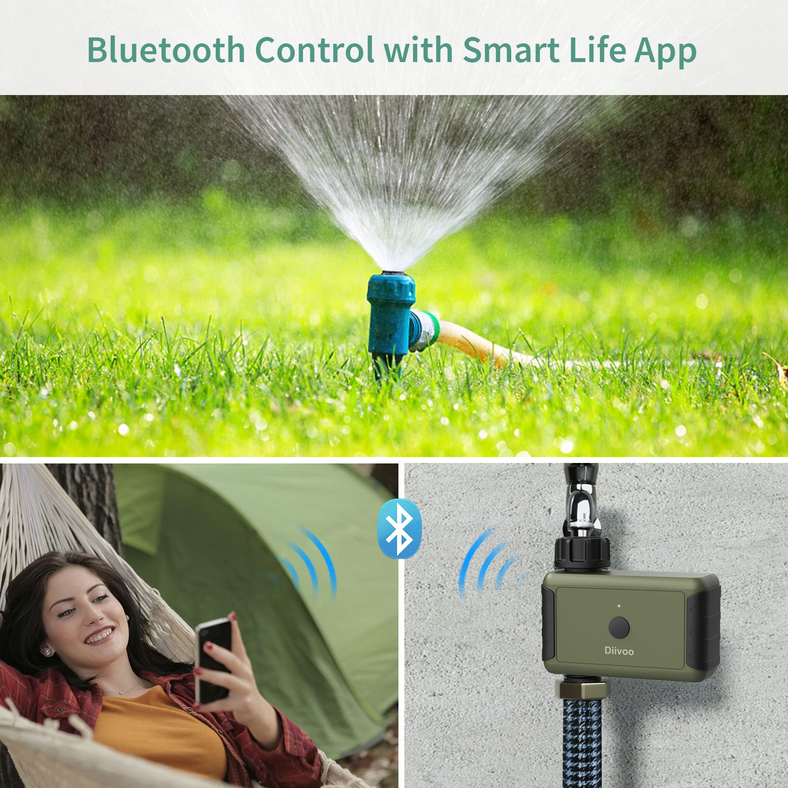 Diivoo Smart Bluetooth Water Timer for Garden Hose - Automatic Sprinkler Irrigation Timer with Custom Timing, Frequency & Rain Delay - 49.2ft Wireless Range - Perfect for Lawn, Garden, Pool & Outdoor Plant Watering System