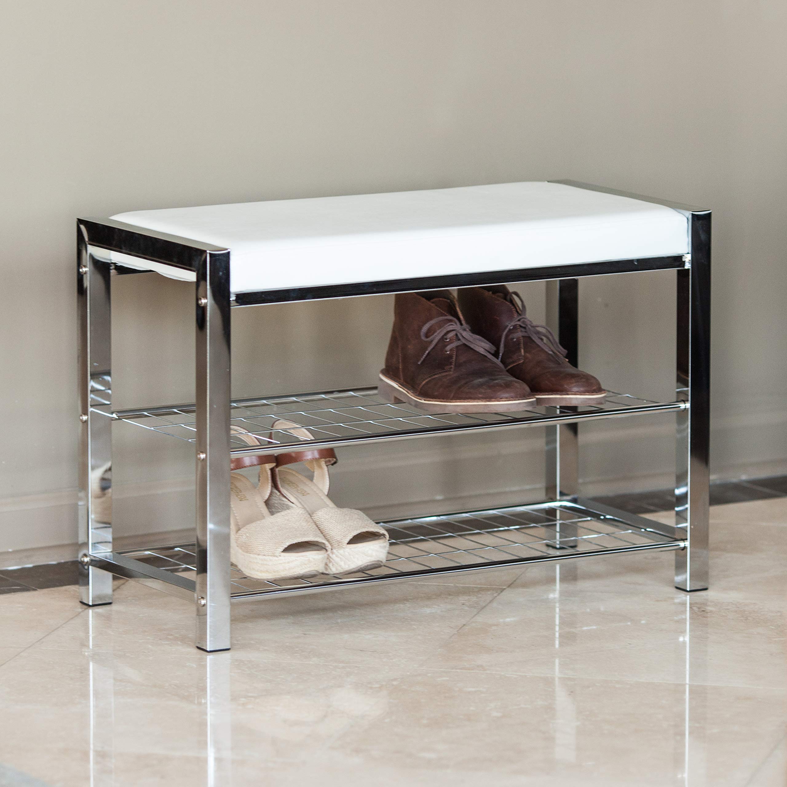Danya B White Leatherette Storage Entryway Bench with Chrome Frame - Modern Hallway Bench with Shoe Storage, Perfect for Entryway, Living Room, Bedroom & Mudroom Organization