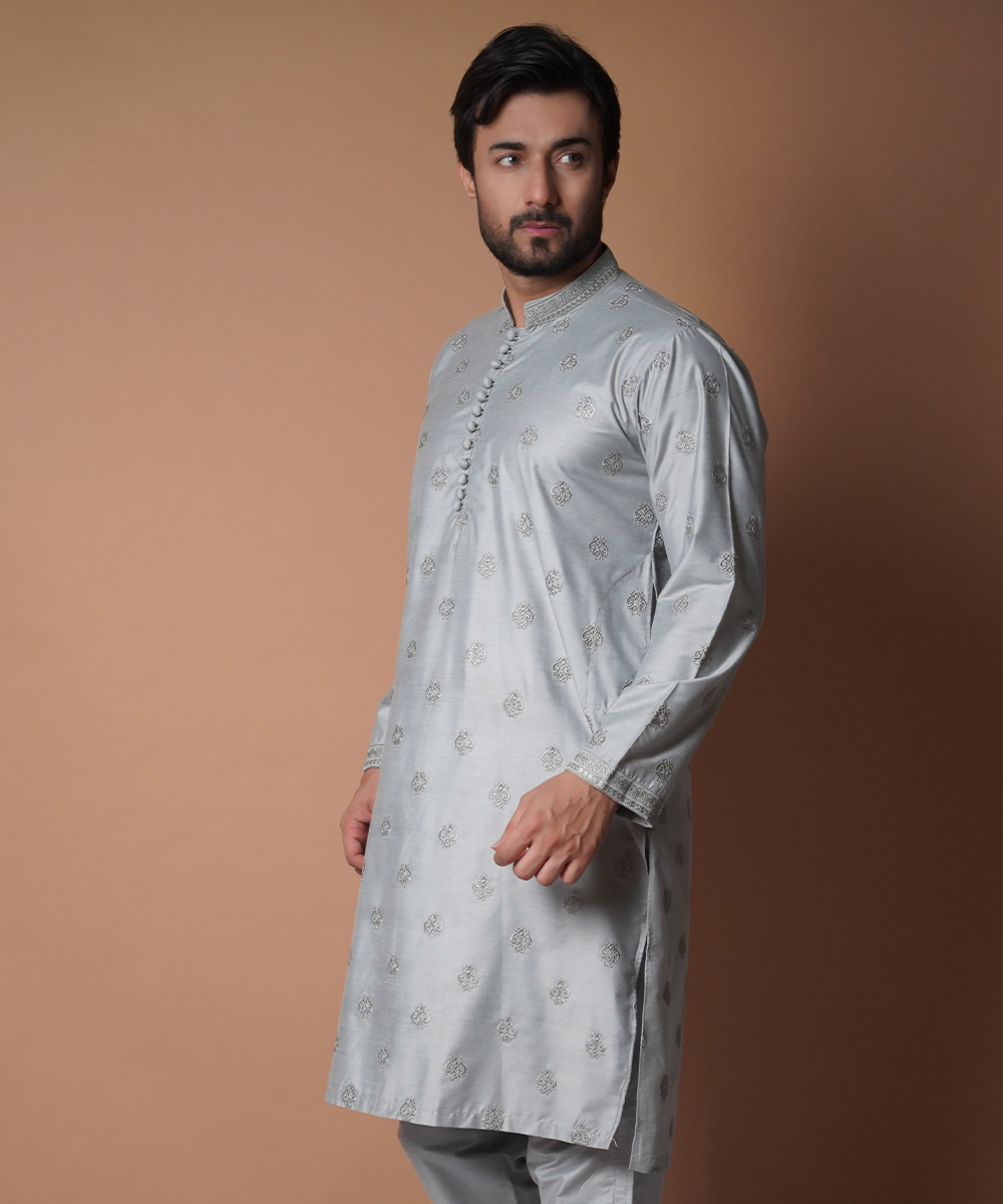 Stylish Ash Grey Motif Kurta and Pants Set for Men - Traditional Indian Ethnic Wear for Festivals, Weddings & Casual Outings