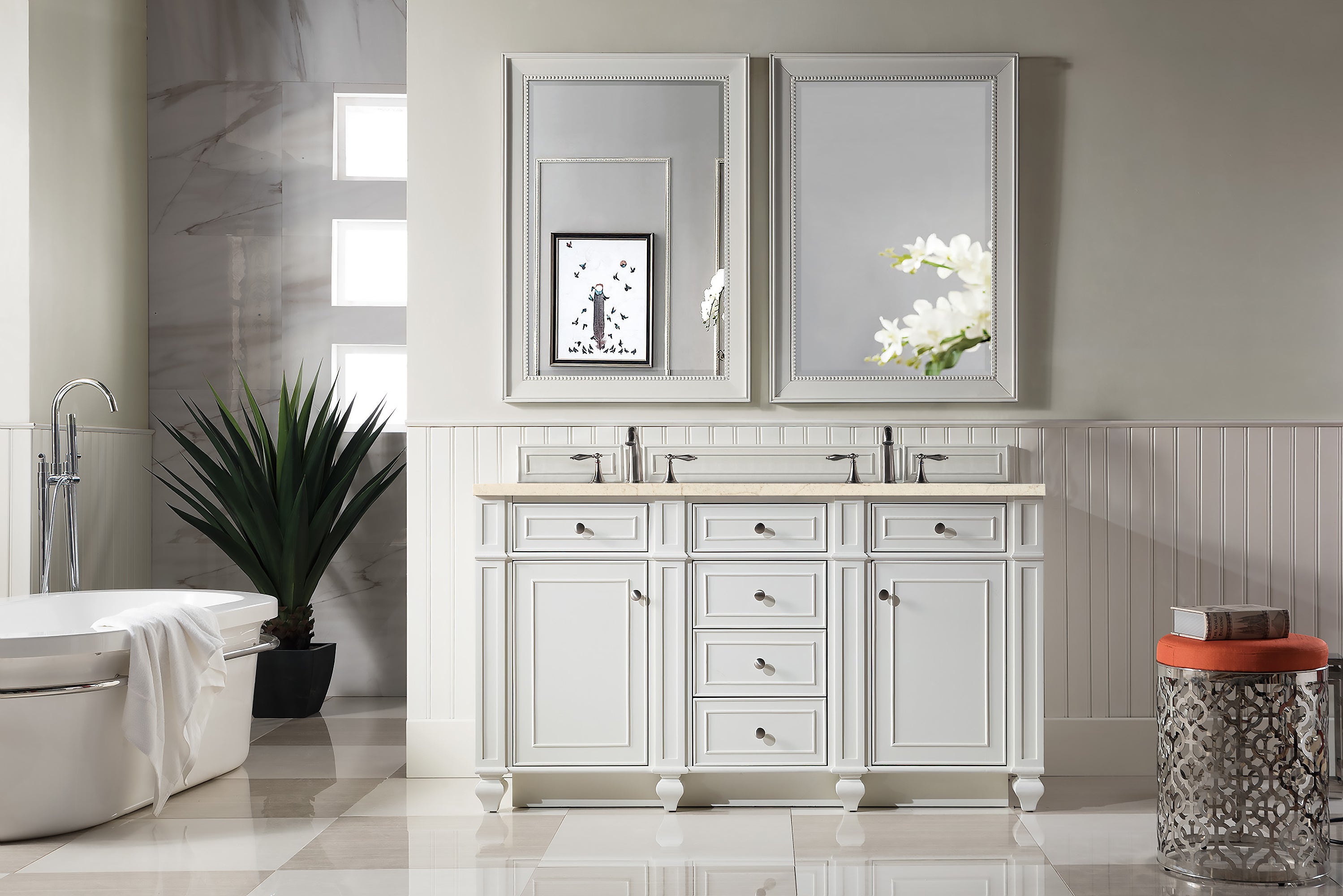 Bristol 60 Inch Double Vanity with 3CM Eternal Marfil Quartz Top in Bright White - Perfect for Modern Bathroom Renovation and Luxury Home Decor