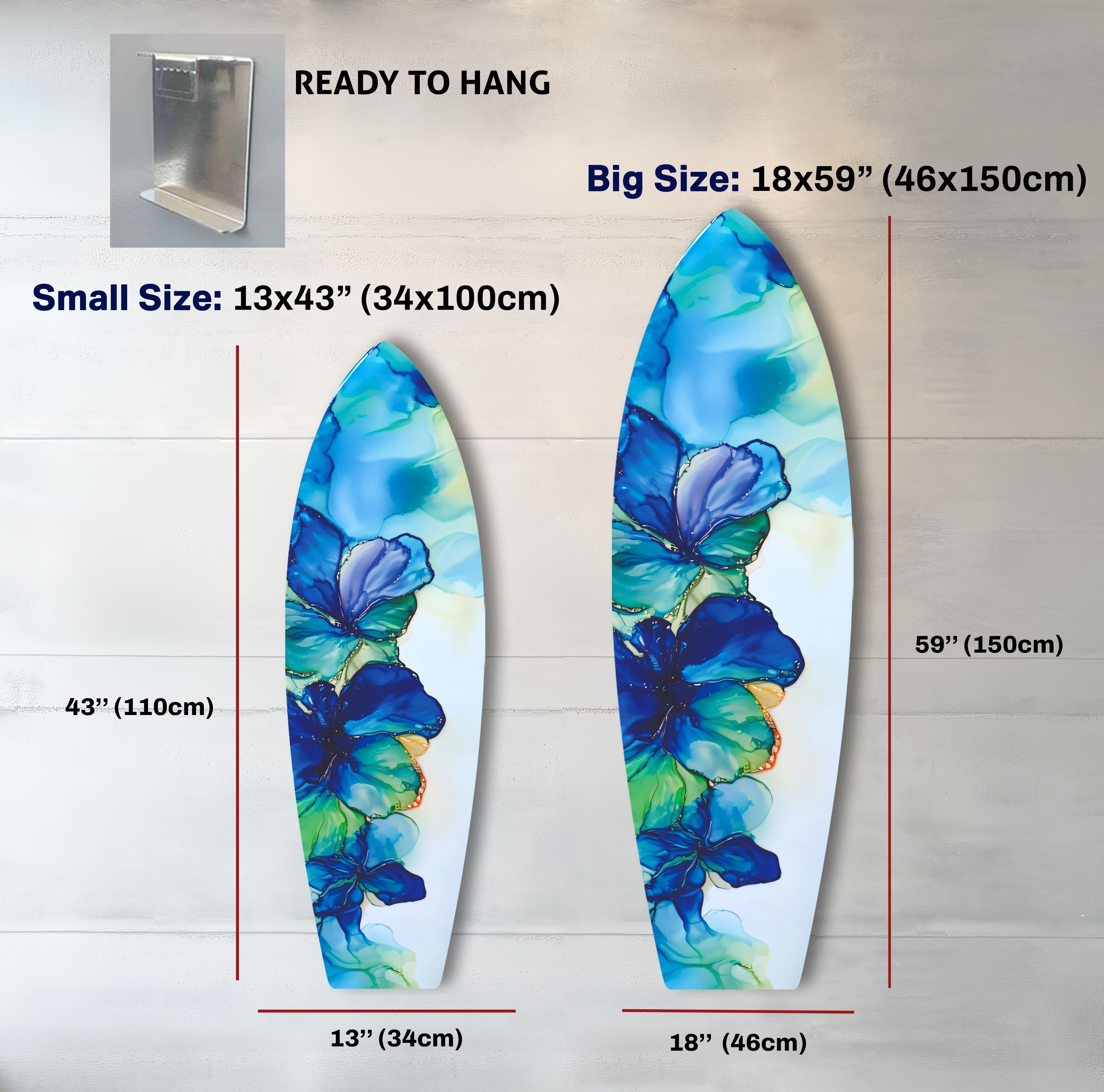 Blue Alcohol Ink Flower Surfboard Wall Art - Handmade Coastal Decor for Beach House, Living Room & Bedroom - Unique Ocean Themed Painting for Home & Office