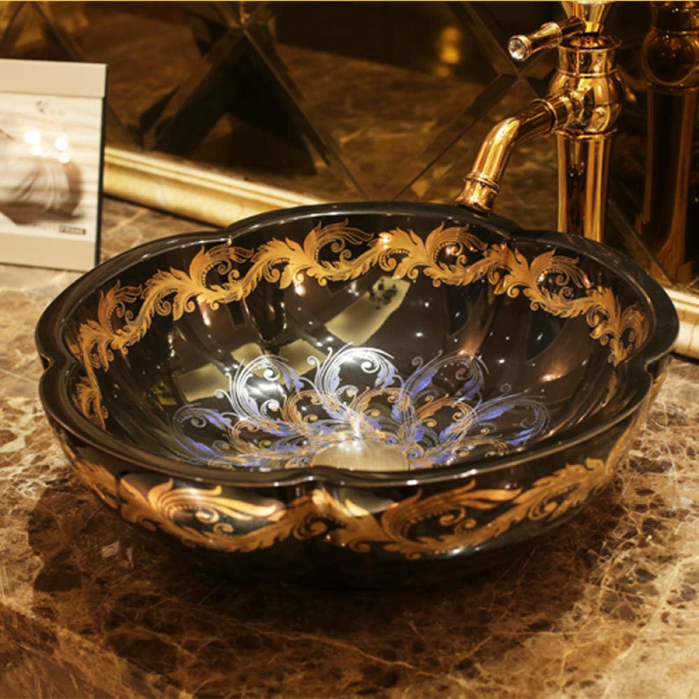 ROLTIN Handmade Ceramic Countertop Basin - Chinese Hand-Painted Bathroom Sink, Modern Washbasin for Powder Room, Guest Bath, or Vanity Installation