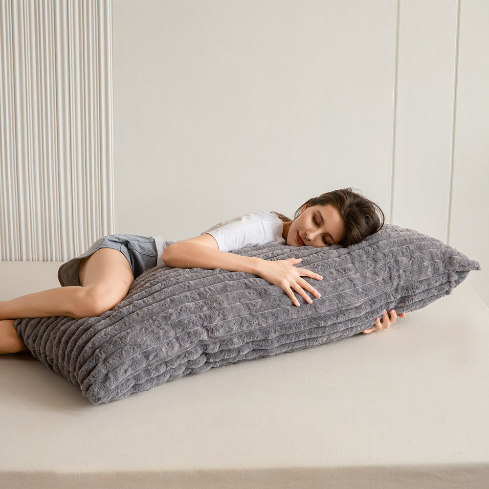 MAXYOYO Ultra Soft Striped Faux Fur Body Pillow for Adults - 20x54 Inch Grey Large Hugging Pillow - Perfect for Sleeping, Lounging & Pregnancy Support