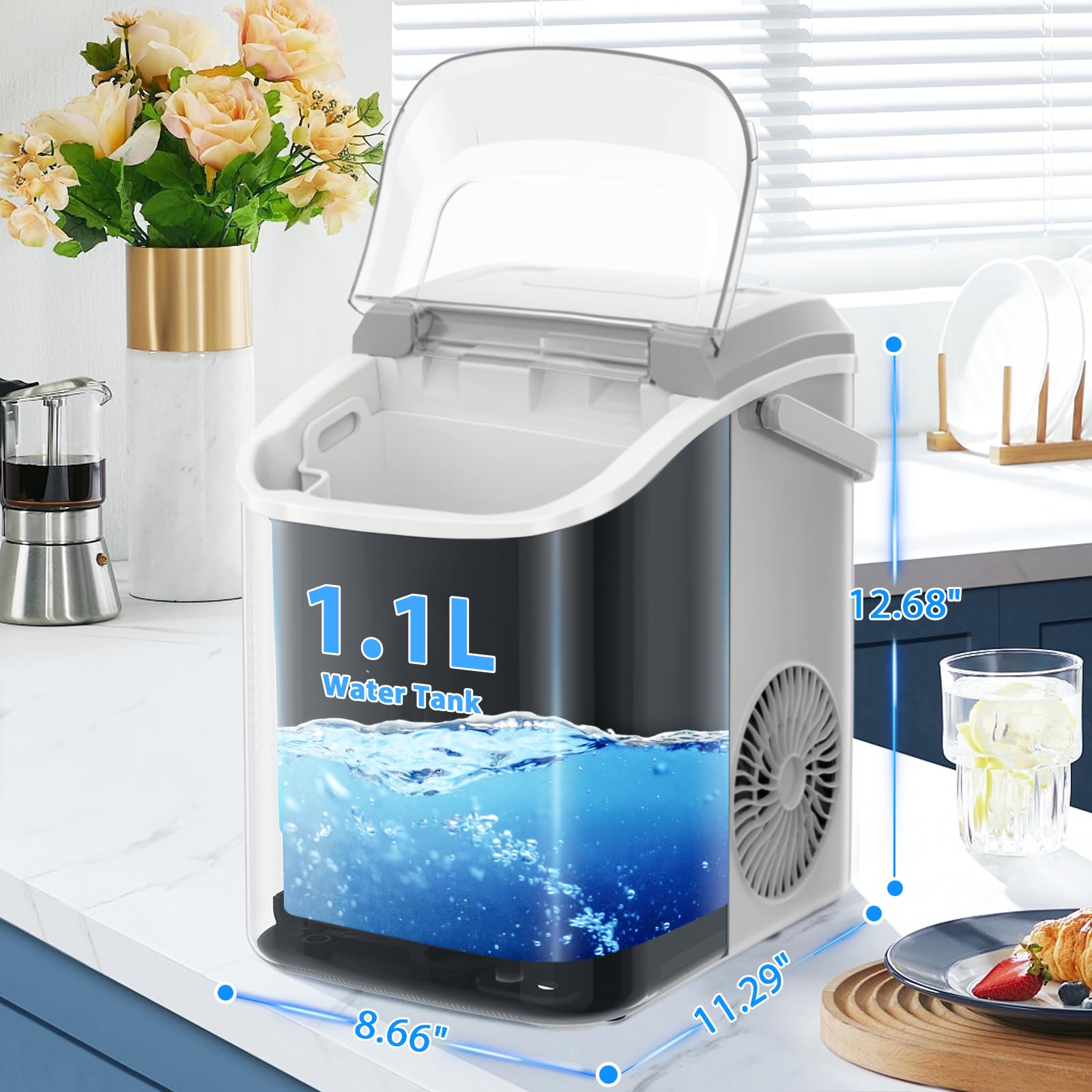Portable Countertop Ice Maker with Chewable Pebble Ice - 34Lbs/24H Self-Cleaning Ice Machine, One-Touch Operation for Kitchen, Home, Office & RV - Perfect for Cocktails, Iced Coffee & Entertaining (Grey)