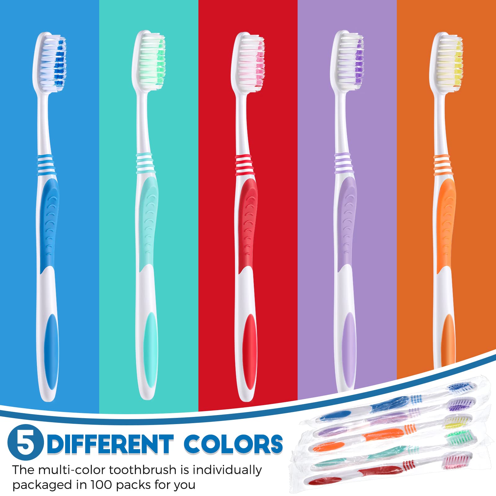 Disposable Travel Toothbrushes - Individually Wrapped, Medium Soft Bristles for Adults - Perfect for Hotels, Guests & On-the-Go Oral Care (Multi-Color Pack)