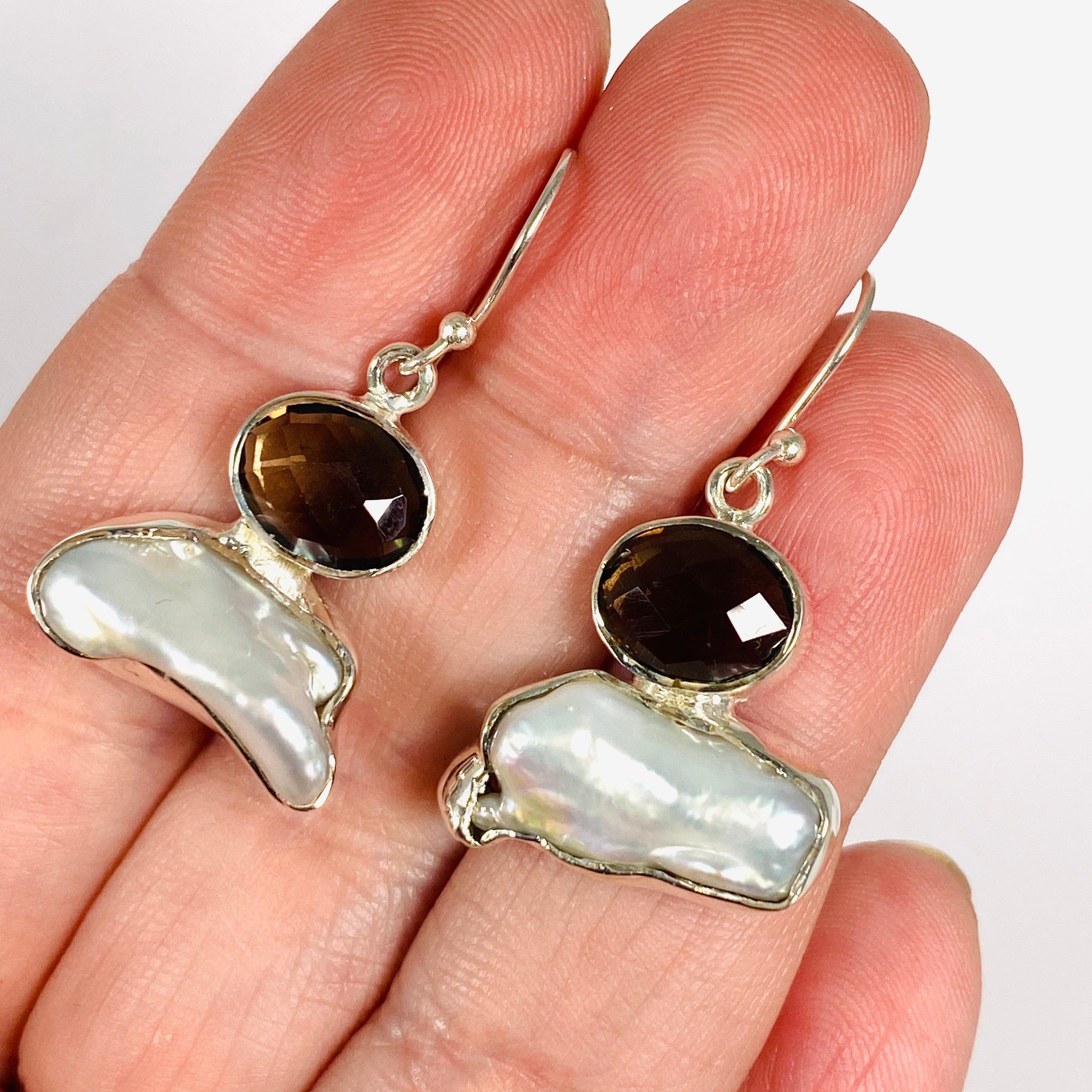 Pearl and Smokey Quartz Faceted Dangle Earrings E2393 SQ - Elegant Jewelry for Women, Perfect for Weddings, Parties & Special Occasions