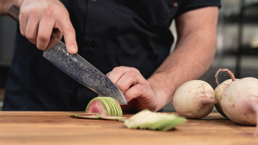 Premium Kikuichi Nickel Warikomi Damascus Santoku 7