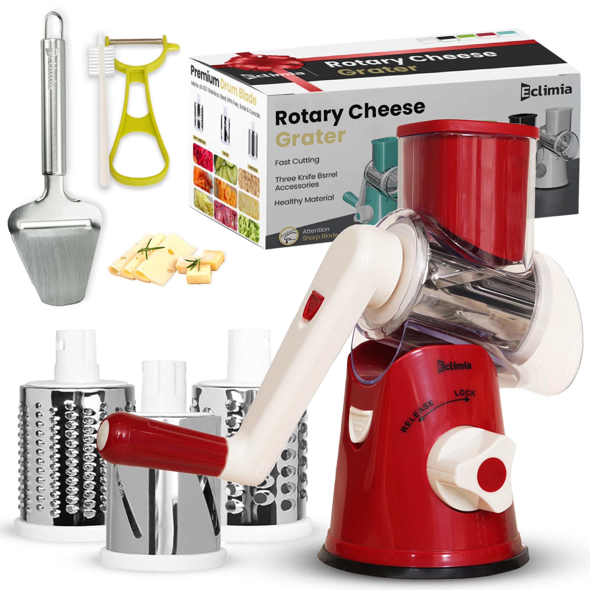 Premium Rotary Cheese Grater Set - 3-Blade Hand Crank Shredder with Suction Base, Cheese Knife, Peeler & Cleaning Brush - Perfect for Parmesan, Mozzarella & Vegetables (Red) - Ideal for Kitchen, Camping & Party Food Prep