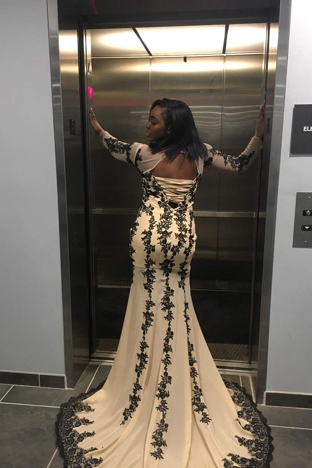 Honeydress Women's Long Sleeve Applique Mermaid Evening Gown with Train - Elegant Formal Prom Party Dress in Black for Weddings, Galas & Special Occasions