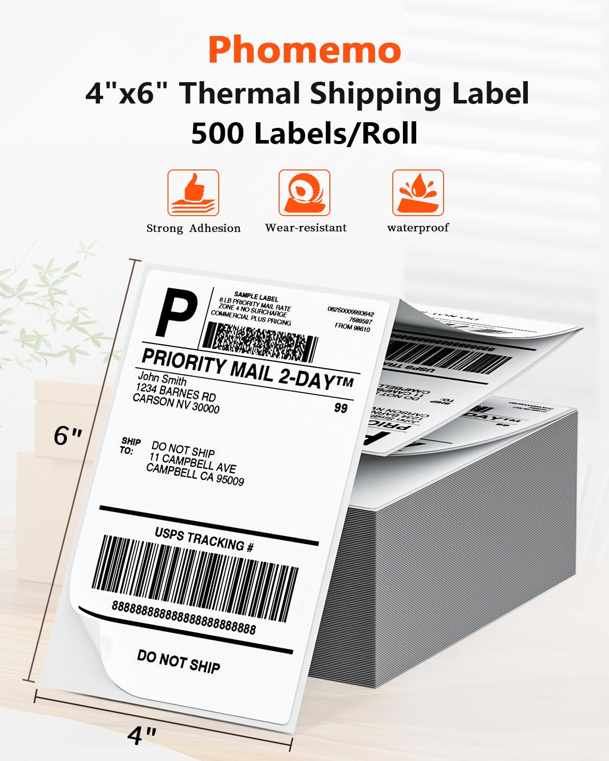 Phomemo 4x6 Thermal Direct Shipping Labels - 4''x6'' Fan-Fold Labels (500/Pack) - Compatible with Rollo, MUNBYN, Zebra & Fargo Label Printers - Perfect for E-commerce, Small Business & Home Shipping Needs