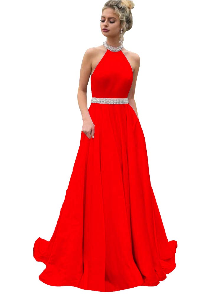 Honeydress Women's Red Halter Beaded Neck Prom Dress - Satin Backless Formal Gown for Graduation, Homecoming & Special Occasions | Elegant Evening Wear for Parties & Dances