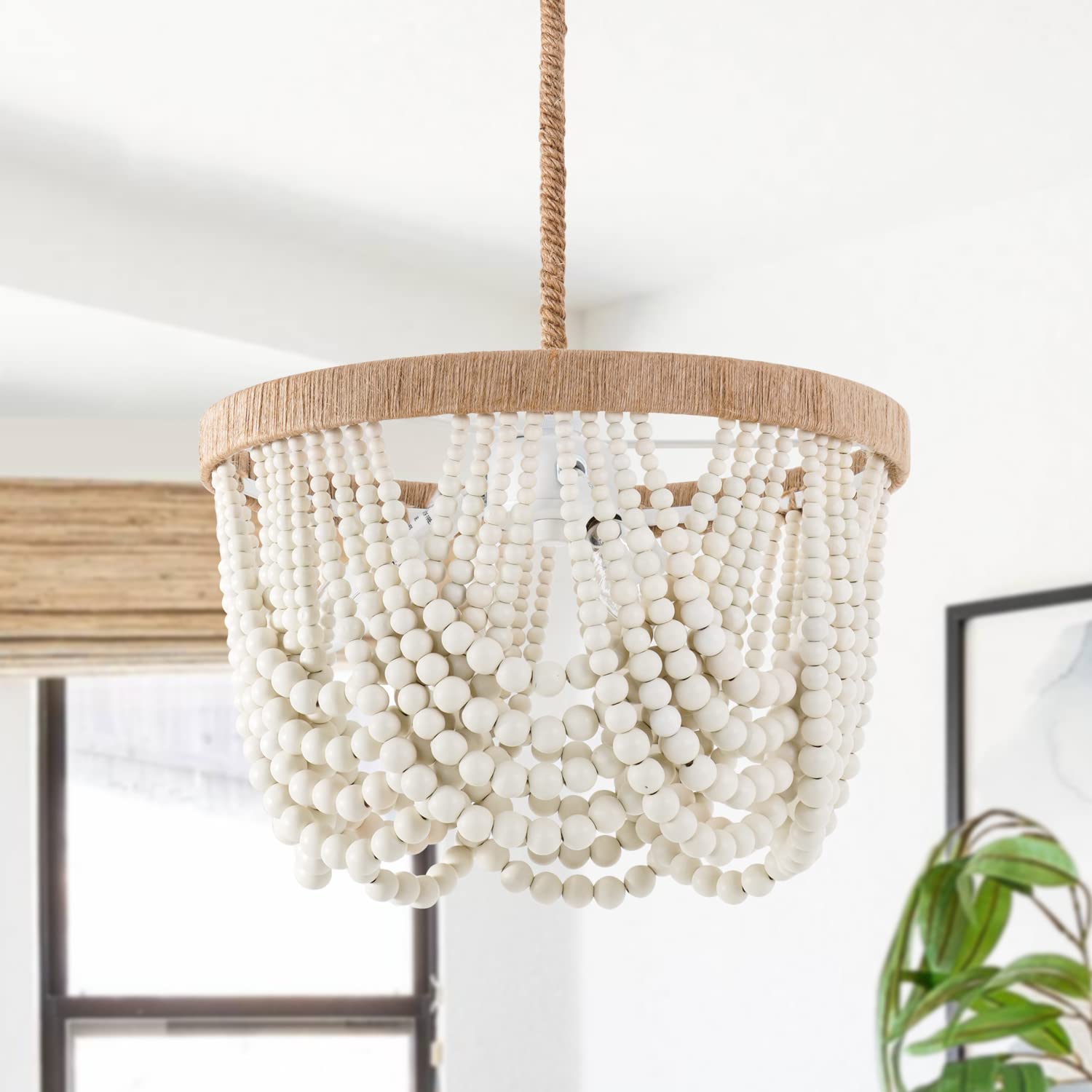 Bohemian Wood Beaded Pendant Light Fixture - Antique Rustic Mini Chandelier with White Finish | Perfect for Bedroom, Nursery, Dining Room, Hallway & Entryway Decor | 3-Light Hanging Ceiling Lamp for Boho Home & Farmhouse Style