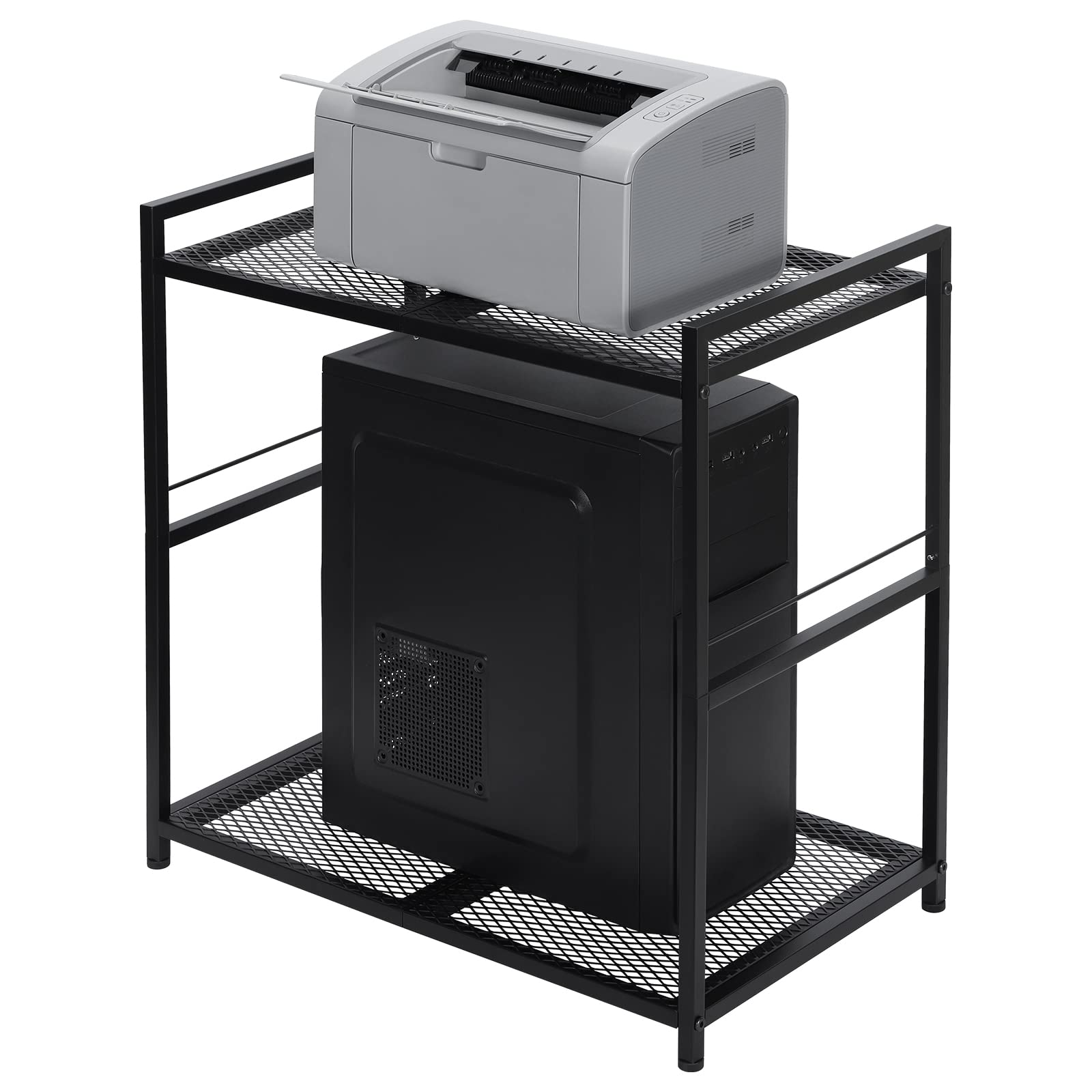 Heavy Duty Metal Computer Tower Stand with Wheels - 2 Tier Rolling PC Stand Holds Up to 40lbs, Under Desk Printer Cart with Storage Shelf for Home Office Organization (Black) - Perfect for Workspace & Gaming Setup