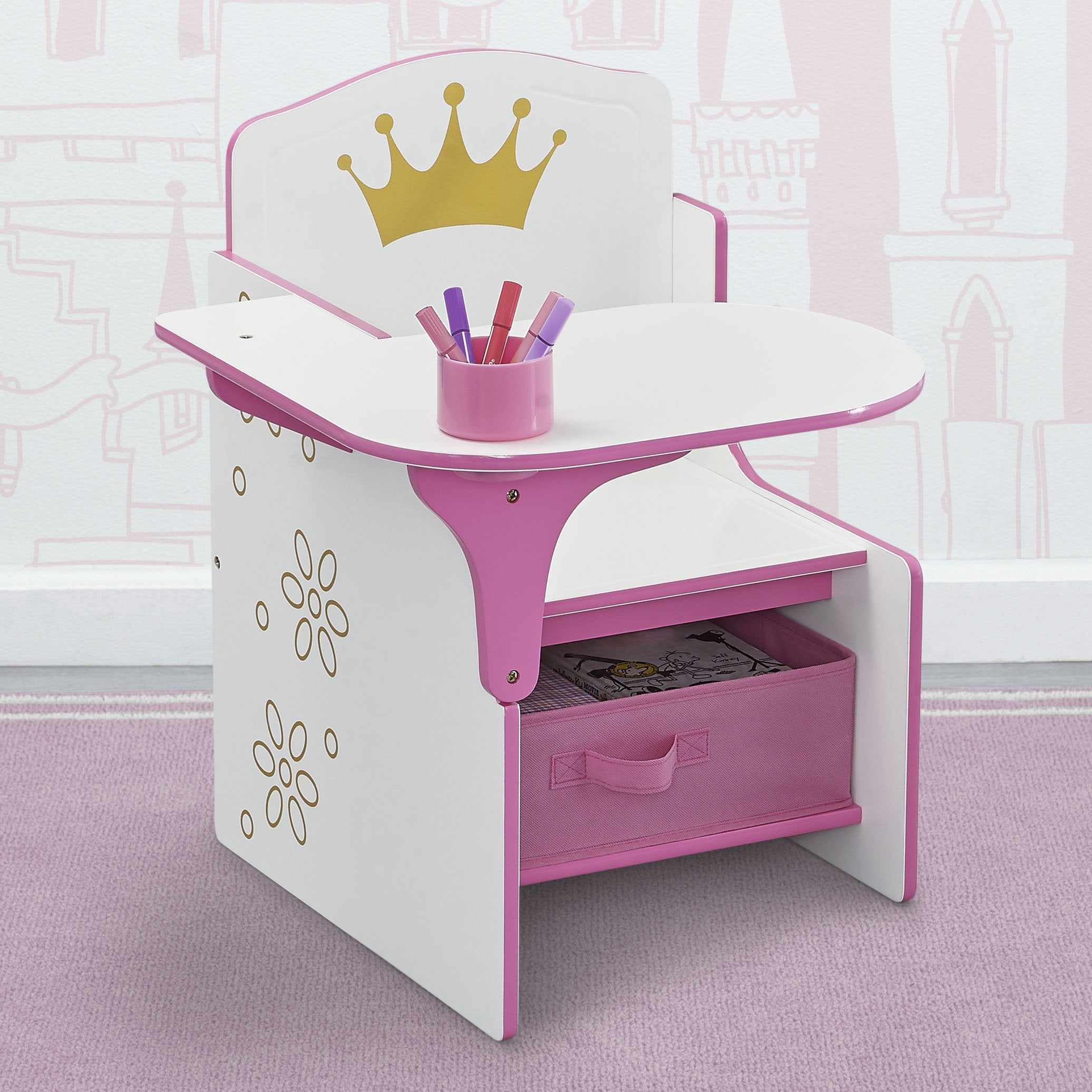 Royal Princess Crown Chair Desk with Storage Bin - Kids Study Table & Organizer for Bedroom, Playroom & Homeschooling