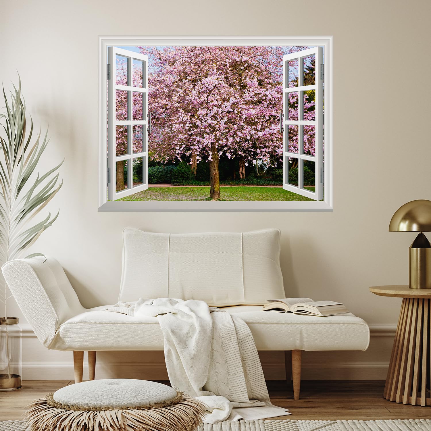 Wall26 Removable Wall Sticker & Mural - Cherry Blossom Sakura Flowers Blooming Window View | 24x32 Inch Peel & Stick Wall Decor for Bedroom, Nursery, Living Room, Office