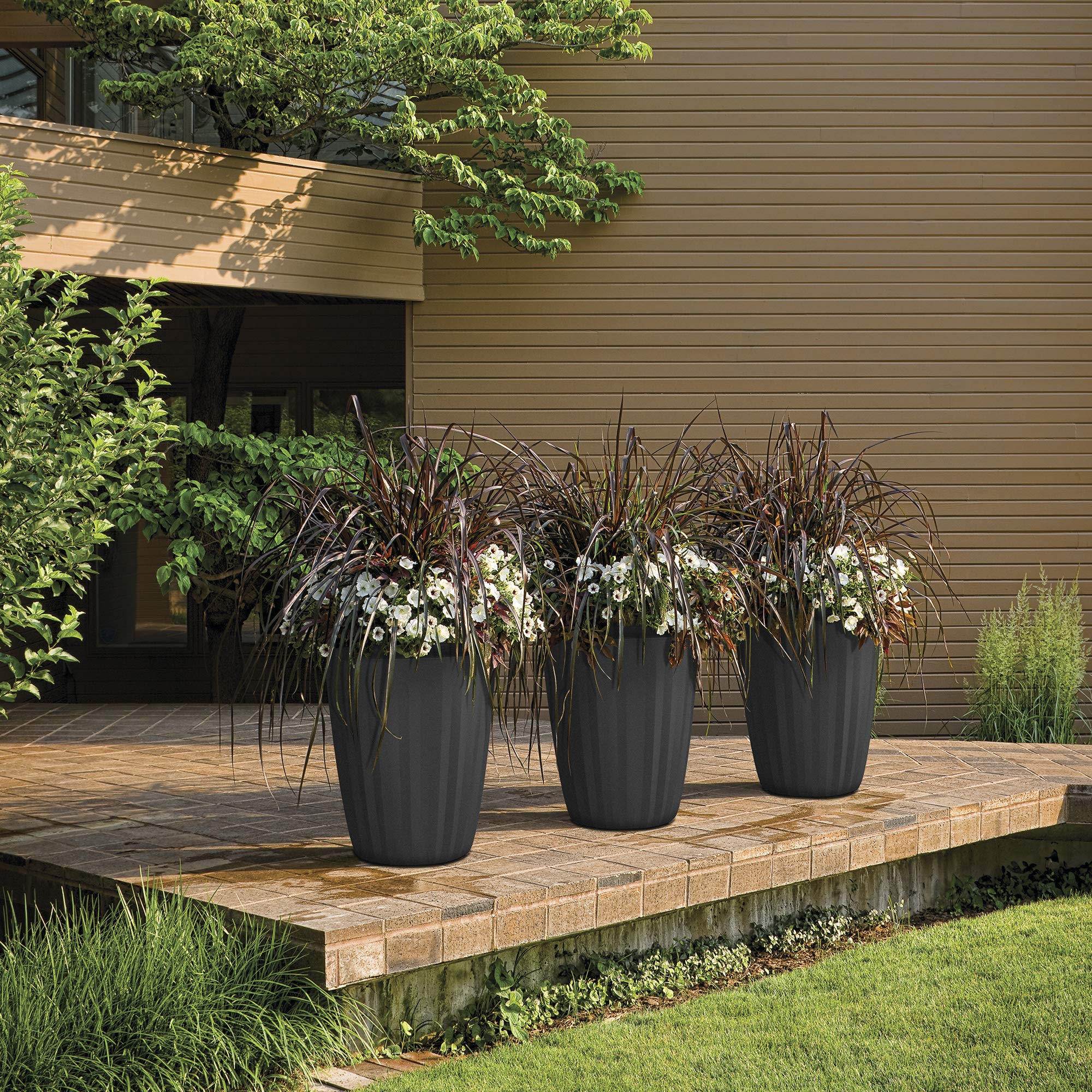 Crescent Garden Pleat Planter - Large 23-Inch Tall Outdoor Flower Pot in Midnight Black | Perfect for Patio, Garden & Home Decor Planting