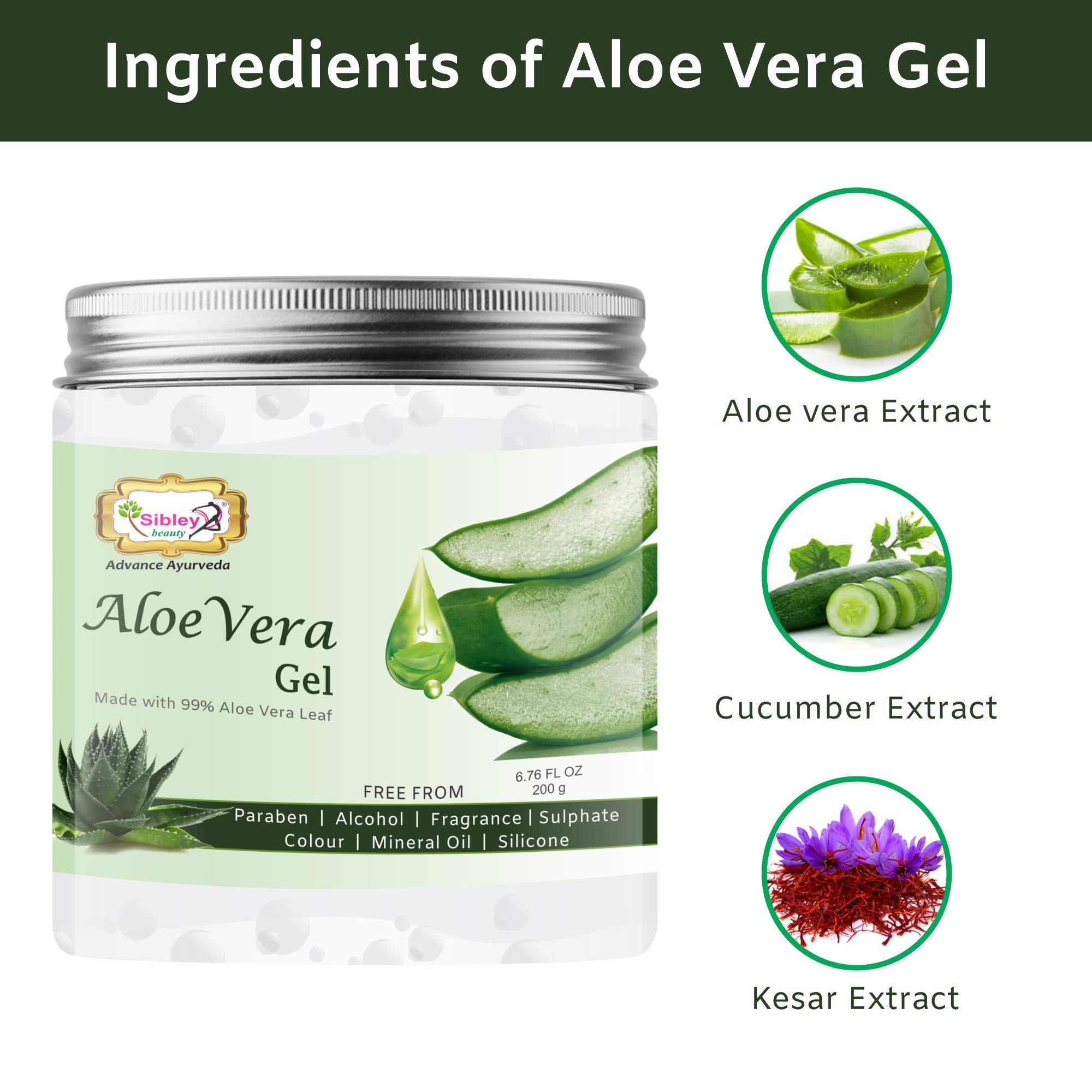 Sibley Pure Aloe Vera Gel for Face & Hair - 200gm Pack | Natural Moisturizer for Dry Skin & Hair Care | Paraben & Sulfate Free | Perfect for Sunburn Relief, After-Sun Care & Scalp Hydration